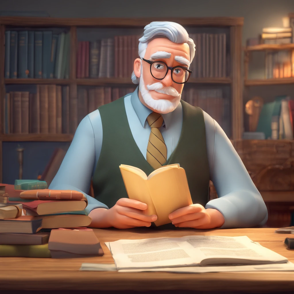 Crie um cartaz inspirado na Disney Pixar com o personagem sendo o pastor Rubens Janier, A gray-haired man wearing glasses, in an office with a Bible on the table