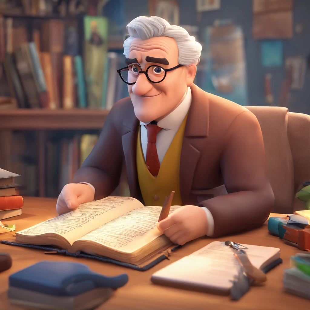 Crie um cartaz inspirado na Disney Pixar com o personagem sendo o pastor Rubens Janier, A gray-haired man wearing glasses, in an office with a Bible on the table