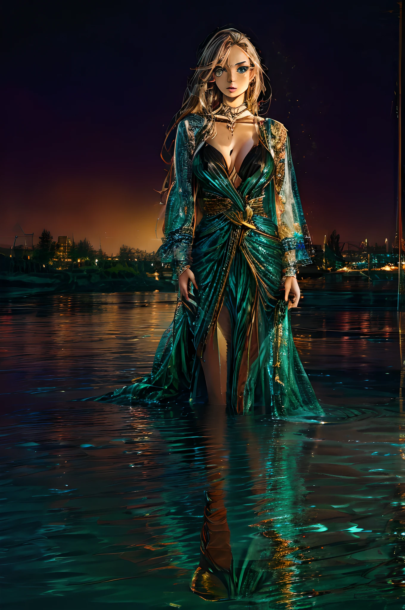 an award winning photoshoot, picture of an extremally beautiful woman model walking on a fashion causeway that floats on a lake at night, a very beautiful woman, elite Beauty model, long hair, blond hair, green eyes, wearing elegant Haut Couture dress, black dress, wearing high heels, the model's causeway floats on a lake at night, the model being reflected in the lake, its night time, moon light, reflections, high detail, award winning, best quality, UHD, 16K, rendering, high details, best quality, highres, scenery , ultra wide angle