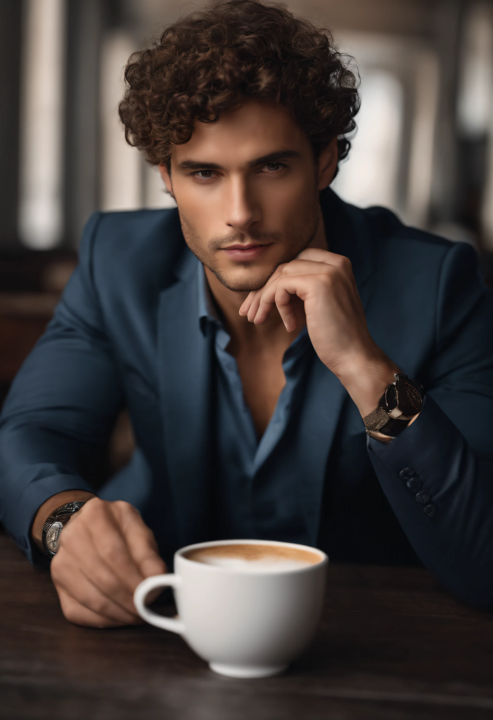 Man with short curly hair, peau blanche, yeux gris, Defined and athletic body, Accountant's Clothes Drinking Coffee , Be confident,