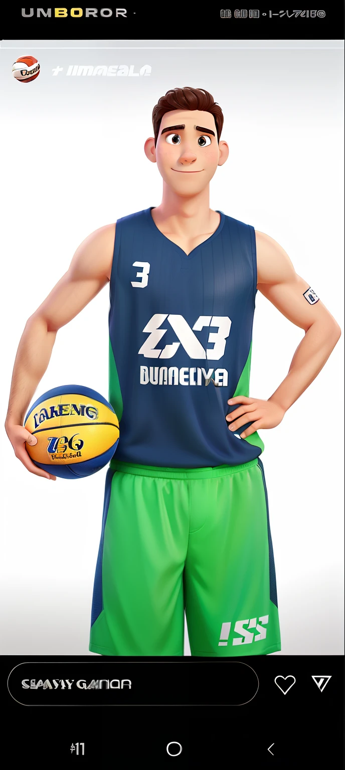 Um homem com uniforme de basquete segurando uma bola de basquete, cartaz estilo Pixar mehor imagem, melhor qualidade