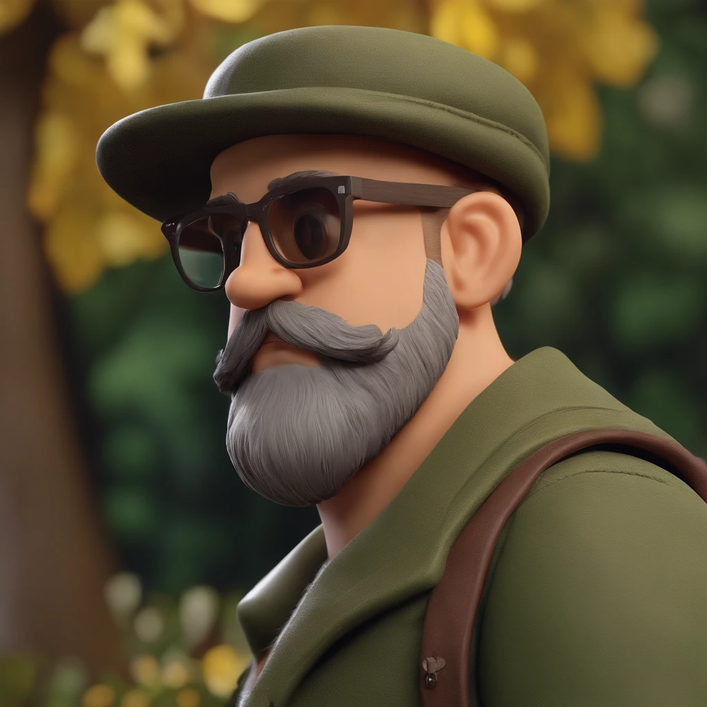 Cartoon character of a man with glasses and a camouflage shirt, cabelo curto liso, bonnet, Com barba grisalha , observando pssaros com lente grande teleobjetiva, numa floresta, feliz , animation character, Caractere estilizado, animation style rendering, 3D estilizado, 3 d render stylized, toon render keyshot, Personagem 3D, Personagem 3D, 3d rendering stylized, 3 d character render, personagem de desenho animado, (melhor qualidade) (pele detalhada) (textura detalhada) (8k) (argila) (Cinematic lighting) (foco nítido, observando passaros com lente zoom