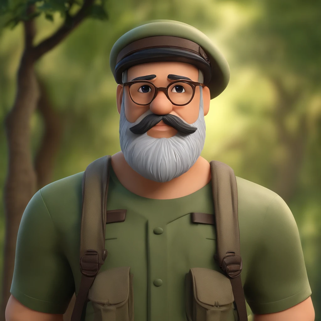 Cartoon character of a man with glasses and a camouflage shirt, cabelo curto liso, bonnet, Com barba grisalha , observando pssaros com lente grande teleobjetiva, numa floresta, feliz , animation character, Caractere estilizado, animation style rendering, 3D estilizado, 3 d render stylized, toon render keyshot, Personagem 3D, Personagem 3D, 3d rendering stylized, 3 d character render, personagem de desenho animado, (melhor qualidade) (pele detalhada) (textura detalhada) (8k) (argila) (Cinematic lighting) (foco nítido, observando passaros com lente zoom