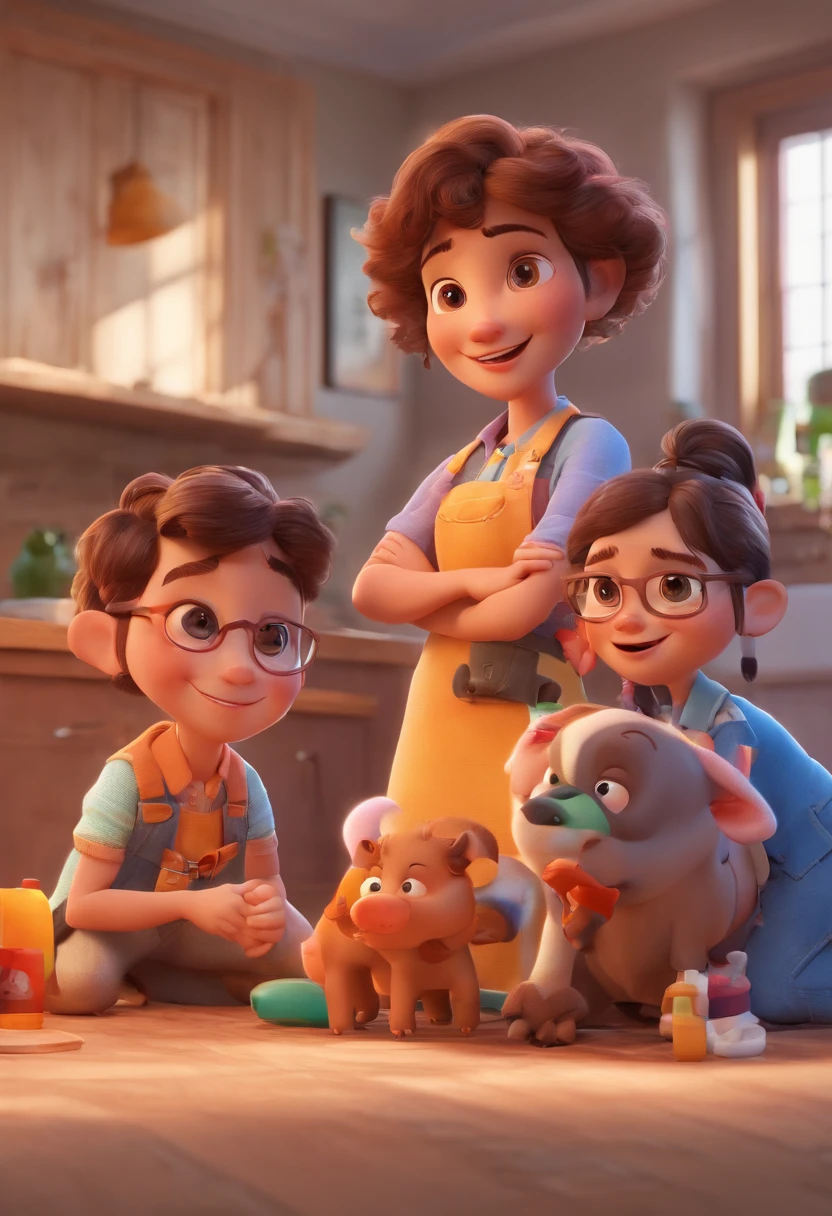 Estilo Pixar: Familia, Um pai, A mother and two girls. Uma menino de 6 anos e outro de 2 anos . Uma fazenda com vacas lindas e marrom .