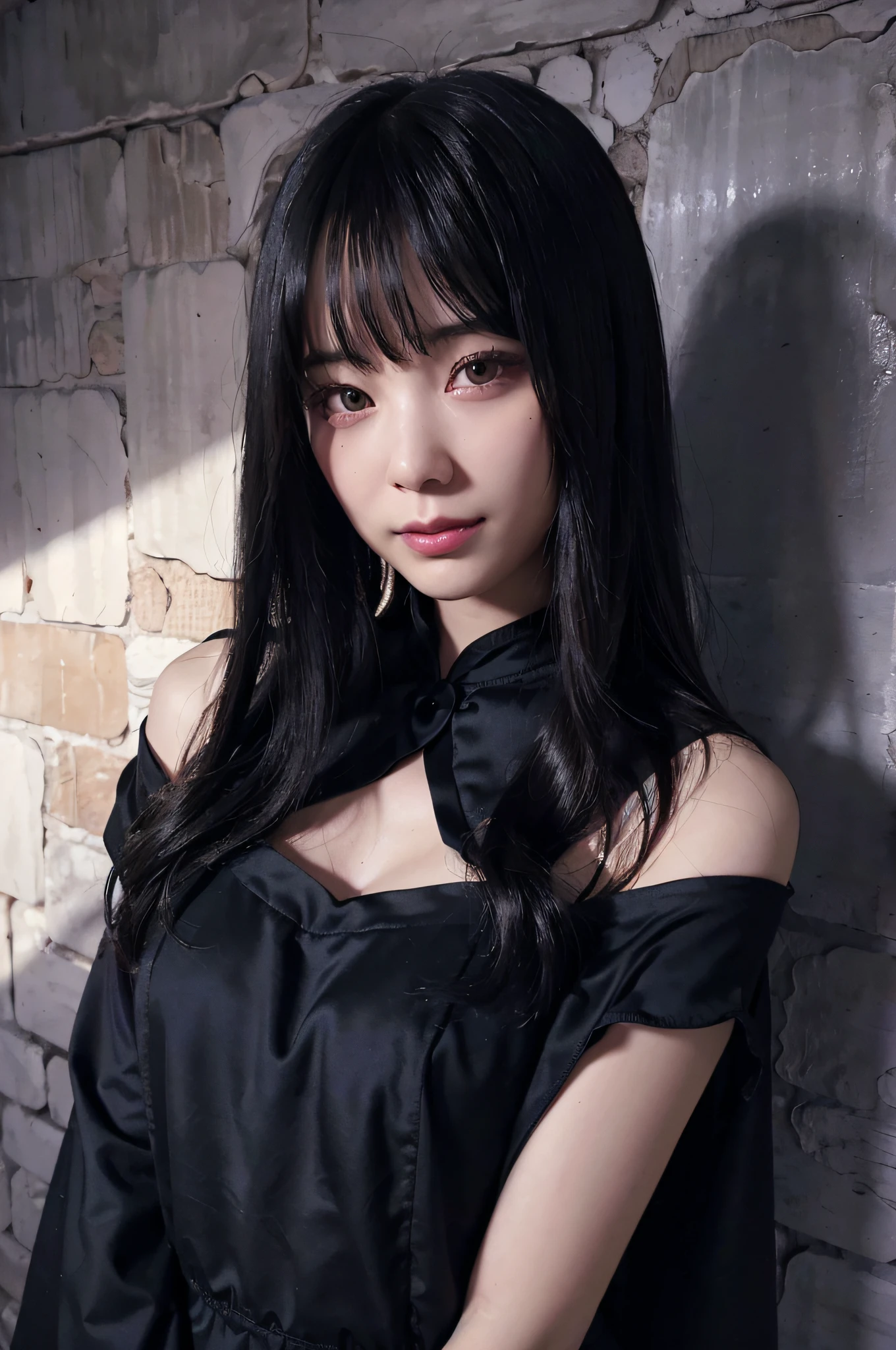 (A hyper-realistic)、(illustratio)、(hight resolution)、(8K)、(ighly detailed)、(Best Illustration)、(beautifully detailed eyes)、(top-quality)、(ultra-detailliert)、(?masterpiece)、(wall-paper)、(A detailed face)、独奏、1 girl in、looking at viewert、fine detailed、A detailed face、in the darkness nigth、deep-shadows、lowkey、pureerosfaceace_v1、A smile、long、Black shawl straight hair、46-point diagonal bangs, (silk dresses、long skirt)(off shoulders)View of the castle、、Stand against the wall