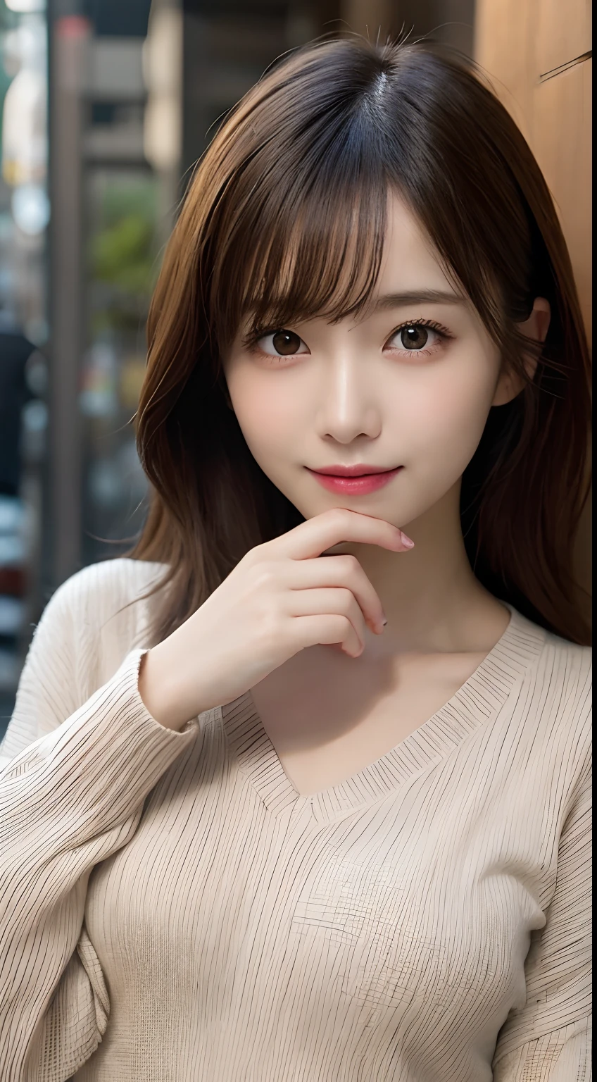 masutepiece, Best Quality, Illustration, Ultra-detailed, finely detail, hight resolution, 8K Wallpaper, Perfect dynamic composition, Beautiful detailed eyes,Straight hair,small tits,Natural Color Lip, Bold sexy poses,Smile,Shibuya、20 years girl、Cute、Sexy shot looking at camera、Posing as a fashion gravure model、Hair tossed in the wind,Long Sleeve Sweater Dress,slender face,slender body,Raw photo