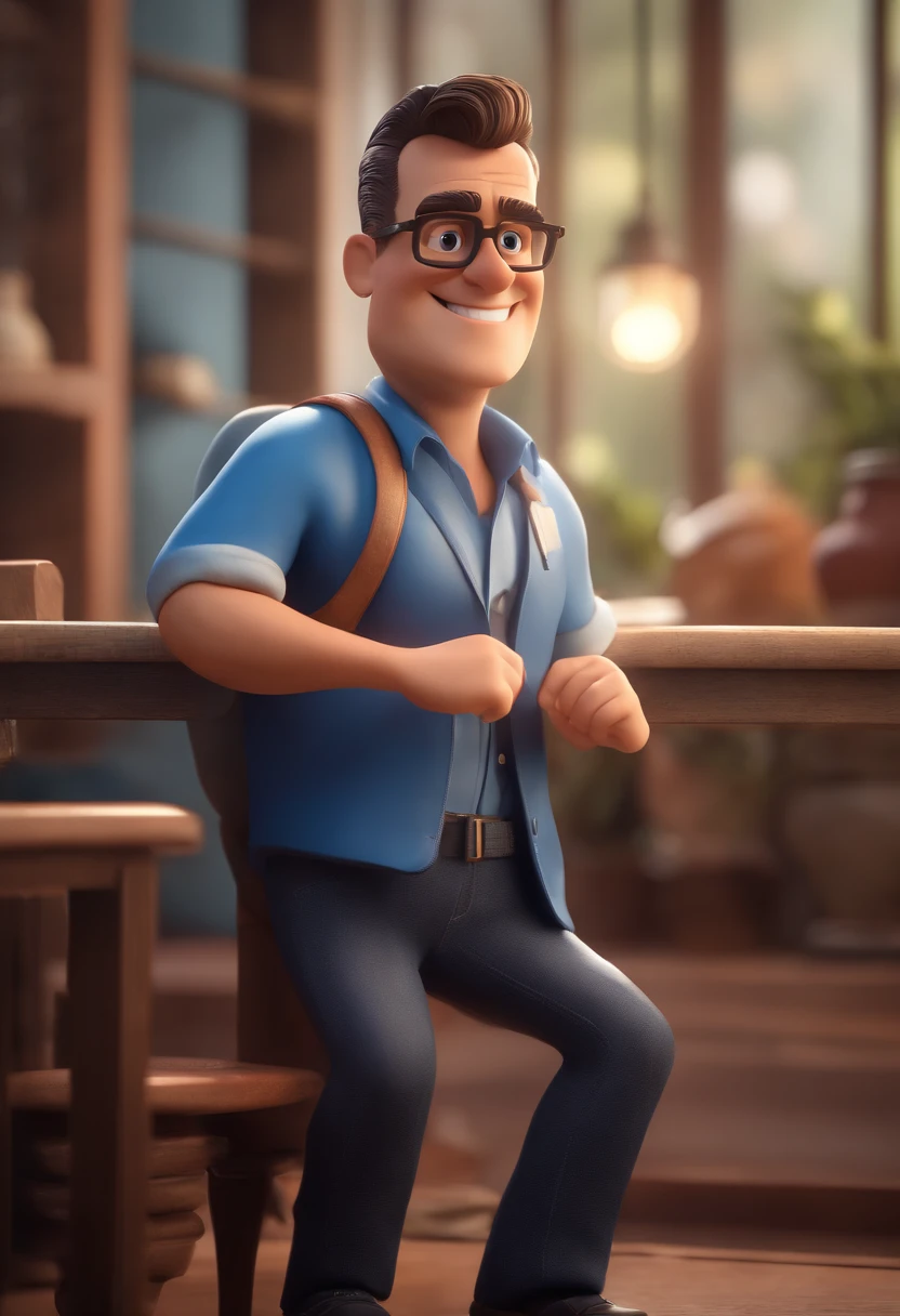 Cartoon character of a man with black glasses and a blue shirt, animation character, Caractere estilizado, animation style rendering, 3D estilizado, Arnold Maya render, 3 d render stylized, toon render keyshot, Personagem 3D, Personagem 3D, 3d rendering stylized, 3 d character render, personagem de desenho animado, Personagem de close up, Pose de personagem, (Estilo Pixar) (master part:1.2) (Bokeh) (best quality) (pele detalhada) (textura detalhada) (8k) (argila) (Cinematic lighting) (foco nítido