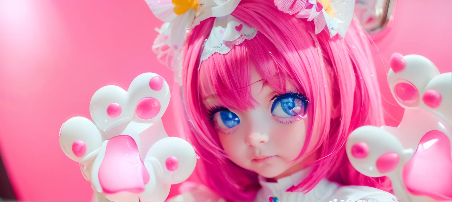 There's a pink and white doll with pink hair and a pink wig, Foto de busto de primer plano, Detalles de primer plano, Haruno Sakura, Primer plano detallado, Primer plano ultra detallado, Primer plano, Sakura Kinomoto, Figuras de anime, Primer plano detallado, Capturado con Canon EOS R 6, Closeup!!, Muy cerca - Toma ascendente, High detail!!
