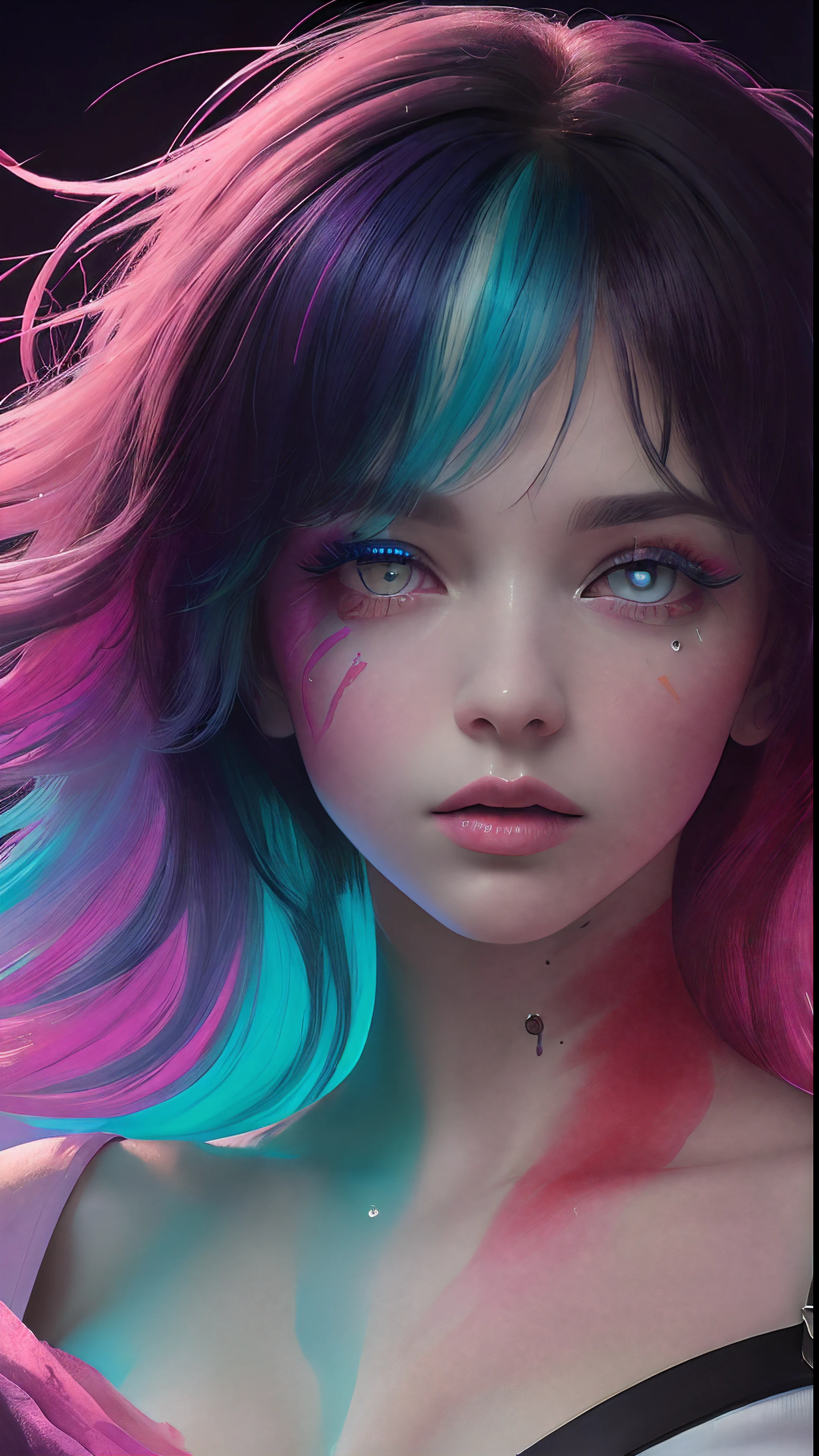 （Pink Fashion T-shirt：1.9），(Colorful hair: 1.8), (all the colours of the rainbow: 1.8),(((((vertical painting：1.6))), （painting：1.6），front, comics, illustrations, paintings, large eyes, crystal clear eyes,（ rainbow color gradient high ponytail：1.7）, exquisite makeup, closed mouth,(Small Fresh: 1.5),(Wipe Chest: 1.6) ，long eyelashes, white off shoulder T-shirt,  White Shoulder Shirt，looking at the audience, large watery eyes, (rainbow colored hair：1.6), color splash, （solo：1.8）, color splash, color explosion, thick paint style, messy lines, ((shining))，(colorful), (colorful), (colorful), colorful, Thick Paint Style, (Splash) (Color Splash), Vertical Painting, Upper Body, Paint Splash, Acrylic Pigment, Gradient, Paint, Highest Image Quality, Highest Quality, Masterpiece, Solo, Depth of Field, Face Paint,  colorful clothes, (Elegant: 1.2), gorgeous,long hair, wind, (Elegant: 1.3), (Petals: 1.4)，(((masterpiece))),(((best quality))),((ultra-detailed)),(illustration),(dynamic angle),((floating)),(paint),((disheveled hair)),(solo),(1girl) , (((detailed anima face))),((beautiful detailed face)),collar,bare shoulders,white hair, ((colorful hair)),((streaked hair)),beautiful detailed eyes,(Gradient color eyes),(((colorful eyes))),(((colorful background))),(((high saturation))),(((surrounded by colorful splashes))),