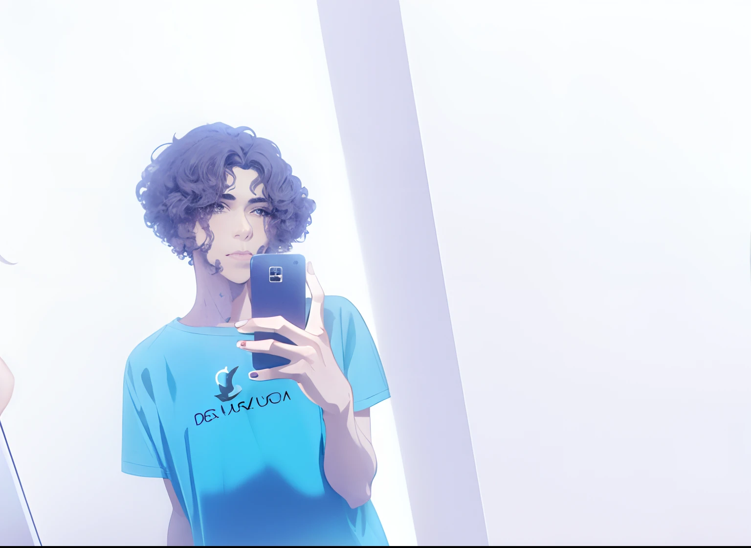 there is a man taking a selfie in a mirror, imagem de qualidade muito baixa, (cabelos cacheados escuros e curtos), com afro, foto de baixa qualidade, fotografia de baixa qualidade, afro encaracolado, cabelos cacheados, foto no iphone, dessaturados!!, messy curly hair, No estilo de Petra Collins, halfbody headshot, azul colorido, com cabelos azuis, com pele azul