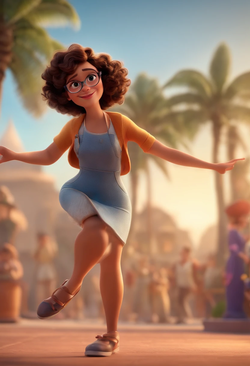 Pixar style image with 3D character white glasses brunette woman short curly hair dancing, Maquiagem Disney,Pescador, bonitinho, sorridente ,Close-up, Pixar, Disney, Cinema lighting,