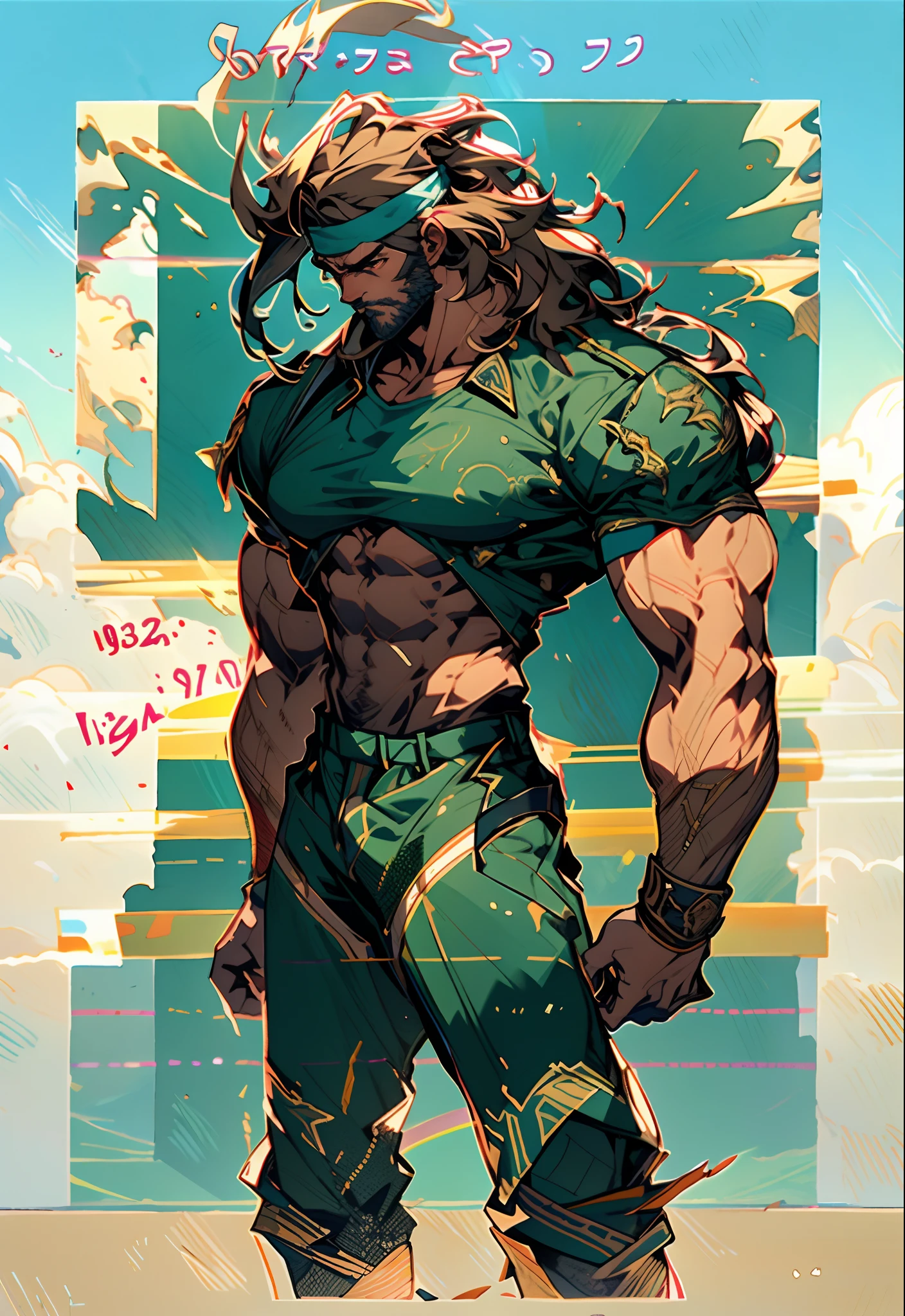 A middle-aged man, dark green long hair, wildly disheveled and exaggerated hairstyle, a headband, no eyebrows, a stern gaze, a well-defined facial structure, a tall and muscular physique, a fantasy-realistic style outfit, only a half-length windbreaker coat, sleeveless, revealing sturdy abdominal muscles, wearing wrist guards, matching trousers with the outfit, standing like a deity, dark clouds gathering in the sky, flashes of lightning and thunder, wild winds swirling around, this character embodies a finely crafted fantasy-style wild overlord in anime style, characterized by an exquisite and mature manga illustration art style, high definition, best quality, highres, ultra-detailed, ultra-fine painting, extremely delicate, professional, anatomically correct, symmetrical face, extremely detailed eyes and face, high quality eyes, creativity, RAW photo, UHD, 8k, Natural light, cinematic lighting, masterpiece-anatomy-perfect, masterpiece:1.5