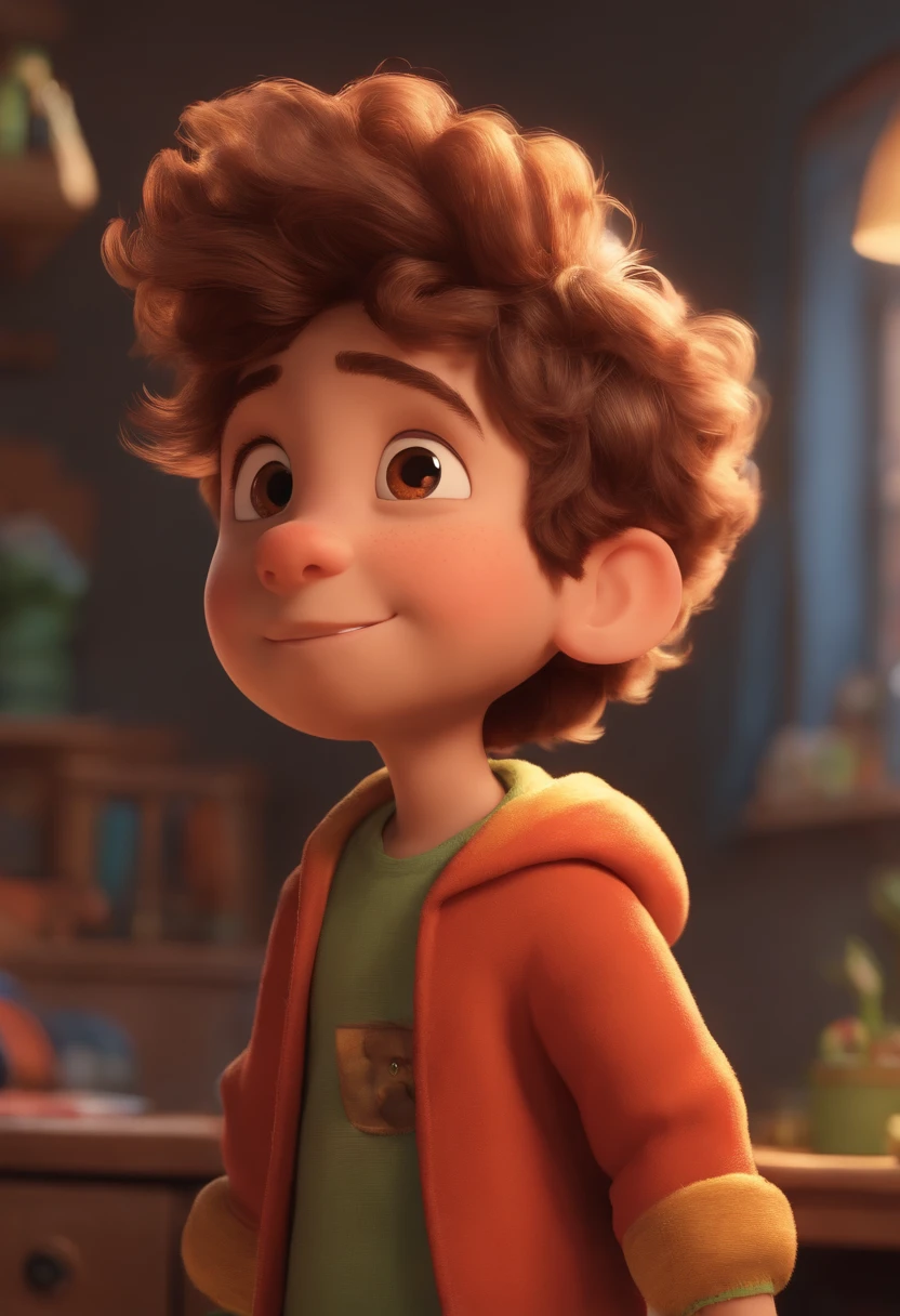 Image of a boy for a story in a YouTube video in Pixar format, He's the little allabester, He's the class leader, He's outgoing, Playful and gets up for a lot of things, cabelo curto