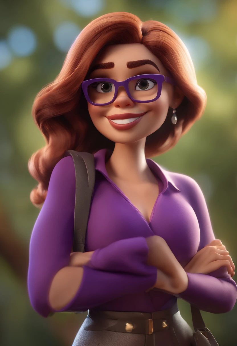 Cartoon character of a woman with black glasses and a purple brusa, animation character, Caractere estilizado, animation style rendering, 3D estilizado, Arnold Maya render, 3 d render stylized, toon render keyshot, Personagem 3D, Personagem 3D, 3d rendering stylized, 3 d character render, personagem de desenho animado, Personagem de close up, Pose de personagem,  (Estilo Pixar) (master part:1.2) (Bokeh) (best quality) (pele detalhada) (textura detalhada) (8k) (argila) (Cinematic lighting) (foco nítido