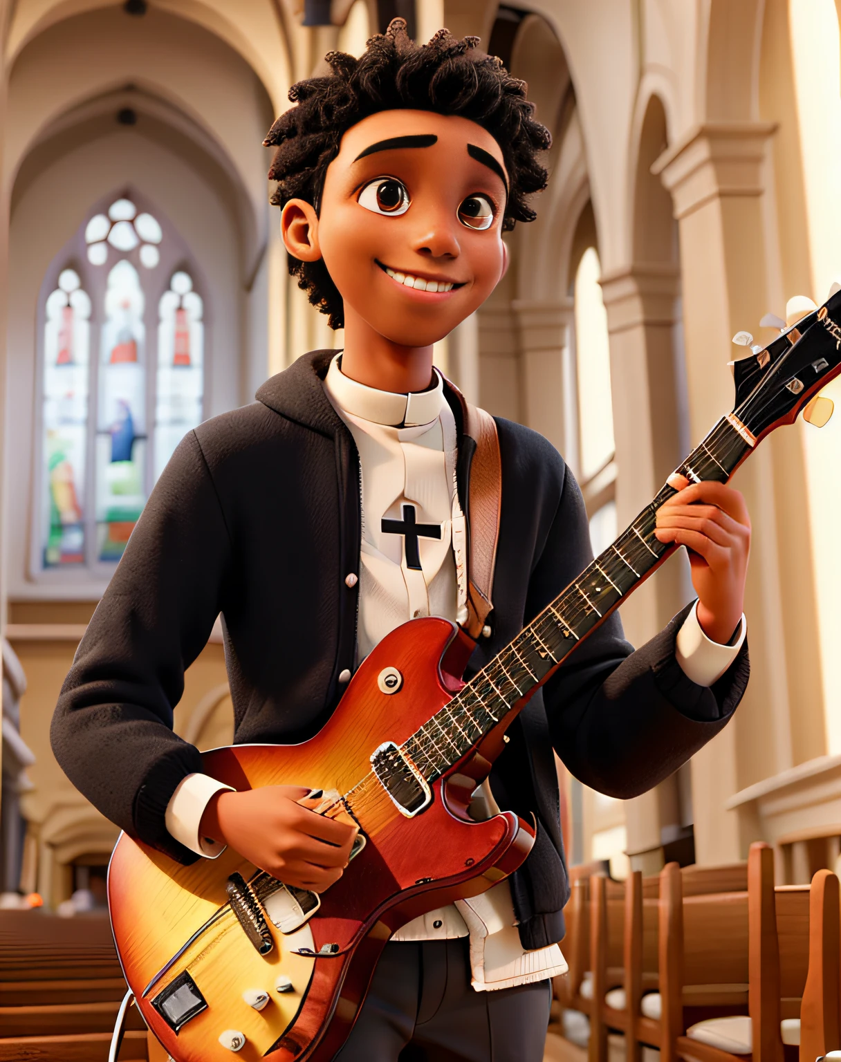 A young priest, black, 25 years old, with very short hair, slim, smiling and playing the guitar in the church.