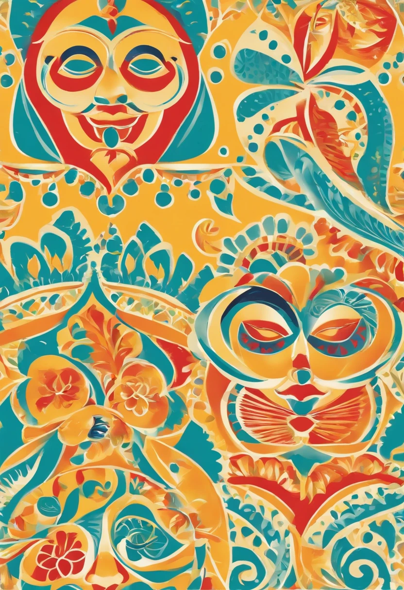 Crie uma estampa vibrante para a camisa do bloco de carnaval "Senta que Entra", com diversas cadeiras decoradas como elemento central. Include emblematic figures from the Olinda Carnival, como o Homem da Meia Noite e a La Ursa, Dancing and interacting with the chairs. Use cores vivas, Typical Carnival Elements, e certifique-se de transmitir alegria e movimento. A tipografia para "Senta que Entra" deve ser chamativa e complementar o design. Make sure the print captures the magic and excitement of the Olinda Carnival