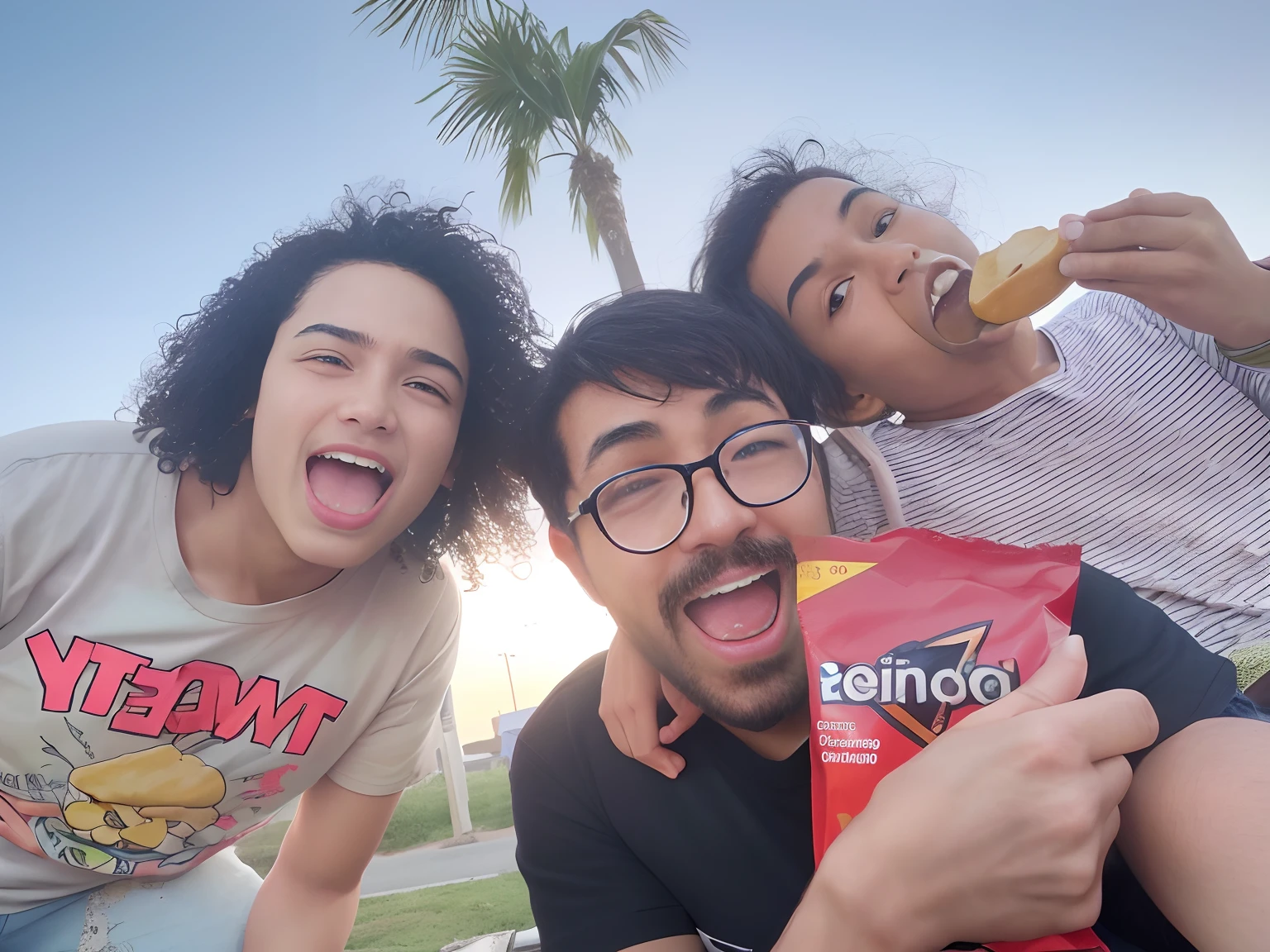 There are three people who are eating some food together, comer batatas fritas e assistir TV, Tiro em GoPro9, Tiro com iPhone 1 0, batatas fritas, Tomado com Sony Alpha 9, Condorito, Tiro no iPhone 1 3 Pro Max, Tiro no iPhone 1 3 Pro, imagem de qualidade muito baixa, tirado no iphone 1 3 pro, Lanches, sharp photo