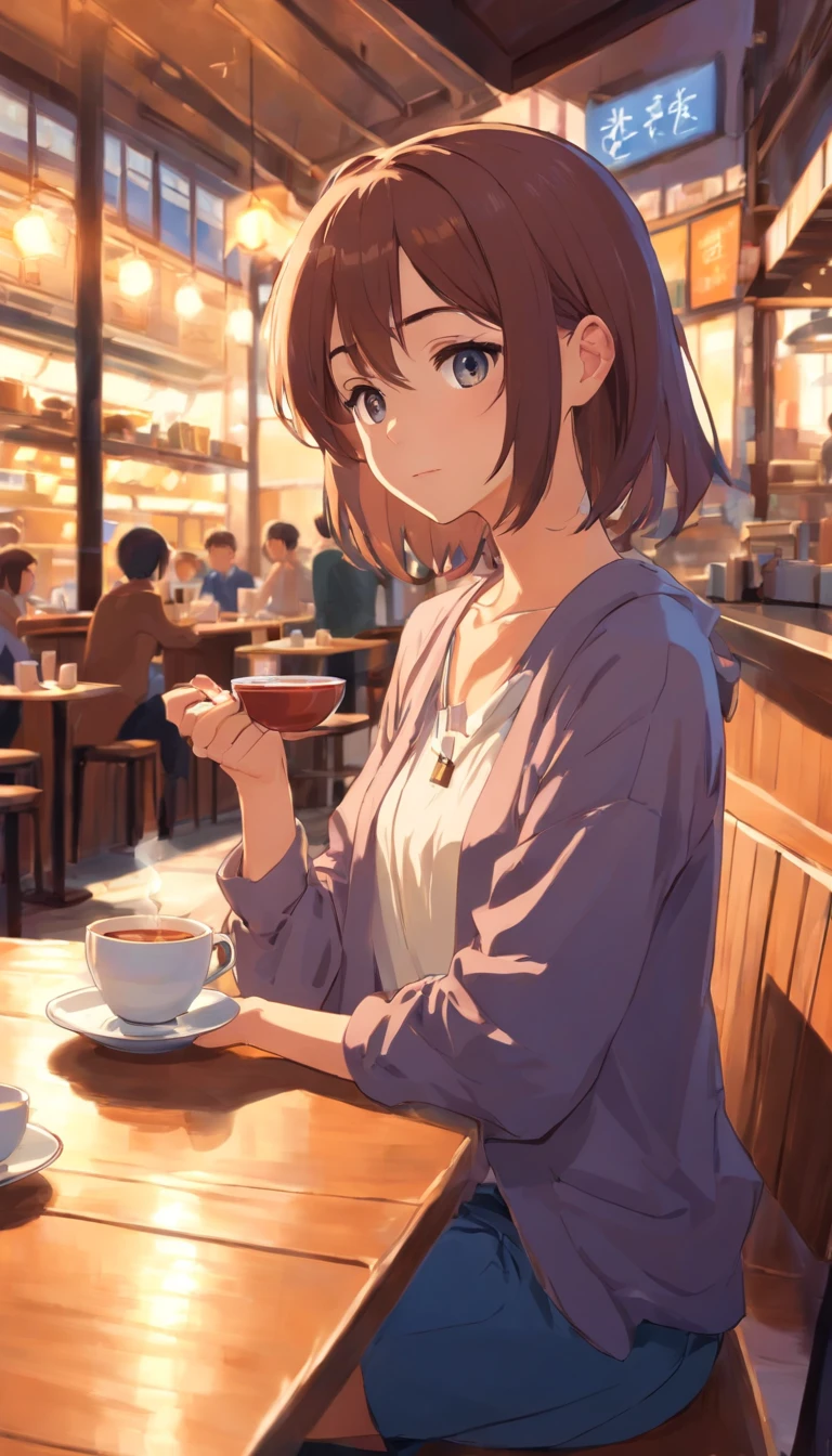 Girl sitting in a café, having a tea, caneca fofa, cabelo curto e marrom, roupas fofas, raios de sol