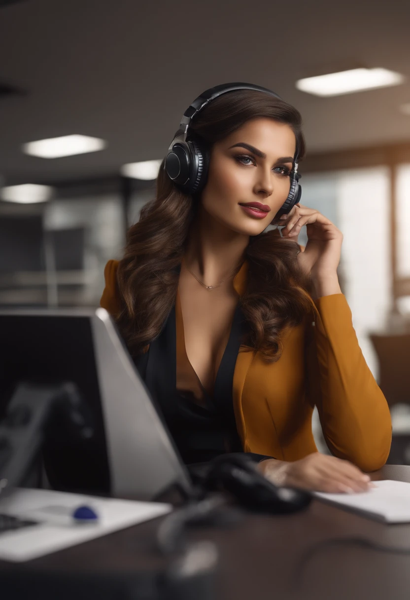 Brunete girl in the office, Hedset with headphone jack, bussinness outfit, professional camera, 8k, hyperrealistic, pele um pouco parda, cabelos pretos ondulados com mechas amarelas