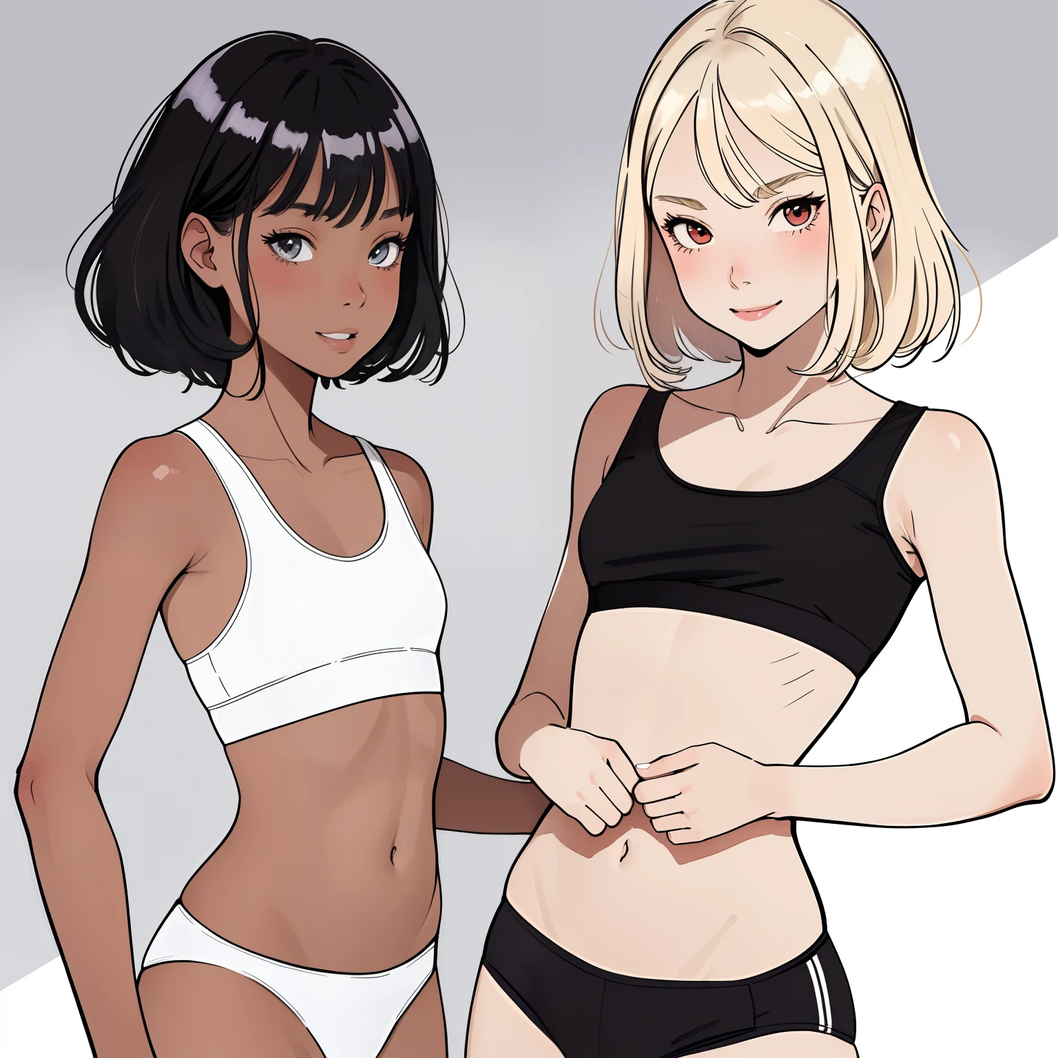 (superflat, flat shading, flat colors:1.1), masterpiece, best qualty, (locker room), 2girls, young teen, schoolgirl, slim, small breast, blonde hair, black hair, (white sports bra, black panties) and (black sports bra, white panties), smile, blush, wide angle, bright sunlight, best shadows, watercolor,