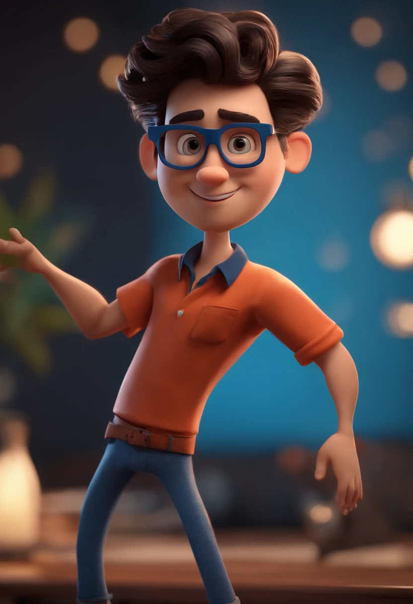 Cartoon character of a man with black glasses and a blue shirt, animation character, Caractere estilizado, animation style rendering, 3D estilizado, Arnold Maya render, 3 d render stylized, toon render keyshot, Personagem 3D, Personagem 3D, 3d rendering stylized, 3 d character render, personagem de desenho animado, Personagem de close up, Pose de personagem,  (Estilo Pixar) (master part:1.2) (Bokeh) (best quality) (pele detalhada) (textura detalhada) (8k) (argila) (Cinematic lighting) (foco nítido