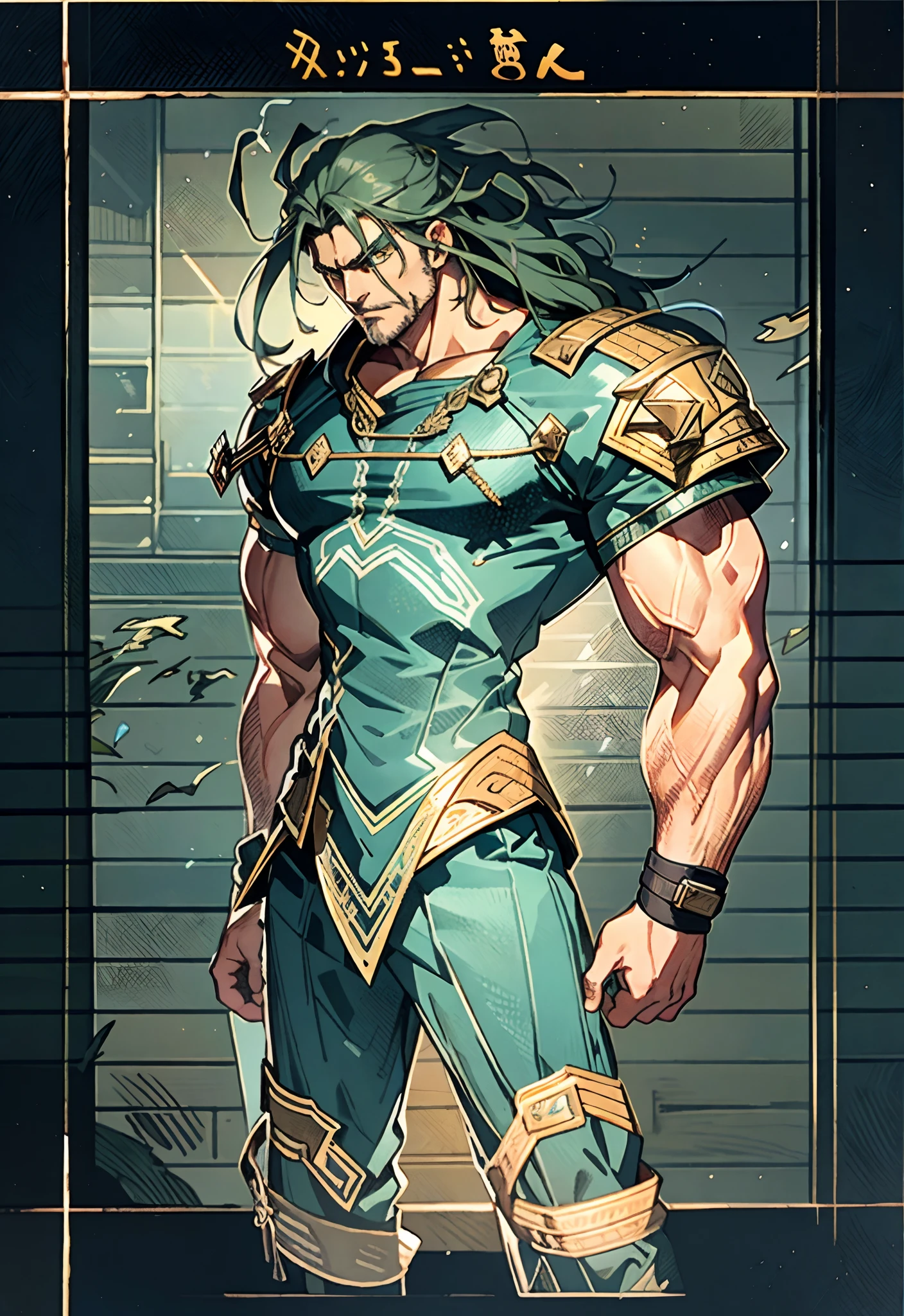 A middle-aged man, dark green long hair, wildly disheveled and exaggerated hairstyle, a headband, no eyebrows, a stern gaze, a well-defined facial structure, a tall and muscular physique, a fantasy-realistic style outfit, only a half-length windbreaker coat, sleeveless, revealing sturdy abdominal muscles, wearing wrist guards, matching trousers with the outfit, standing like a deity, dark clouds gathering in the sky, flashes of lightning and thunder, wild winds swirling around, this character embodies a finely crafted fantasy-style wild overlord in anime style, characterized by an exquisite and mature manga illustration art style, high definition, best quality, highres, ultra-detailed, ultra-fine painting, extremely delicate, professional, anatomically correct, symmetrical face, extremely detailed eyes and face, high quality eyes, creativity, RAW photo, UHD, 8k, Natural light, cinematic lighting, masterpiece-anatomy-perfect, masterpiece:1.5