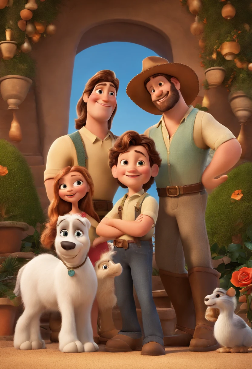 a Disney Pixar movie poster showing a white-skinned family. The father is the tallest, Tem barba curta, loiro, cabelos curtos e espinhosos. The mother has brown eyes and hair, shoulder-length and is slightly overweight. A menina tem 4 anos e cabelos castanhos, roupa rosa e rabos de cavalo. The background is a beach garden. 3D-rendering