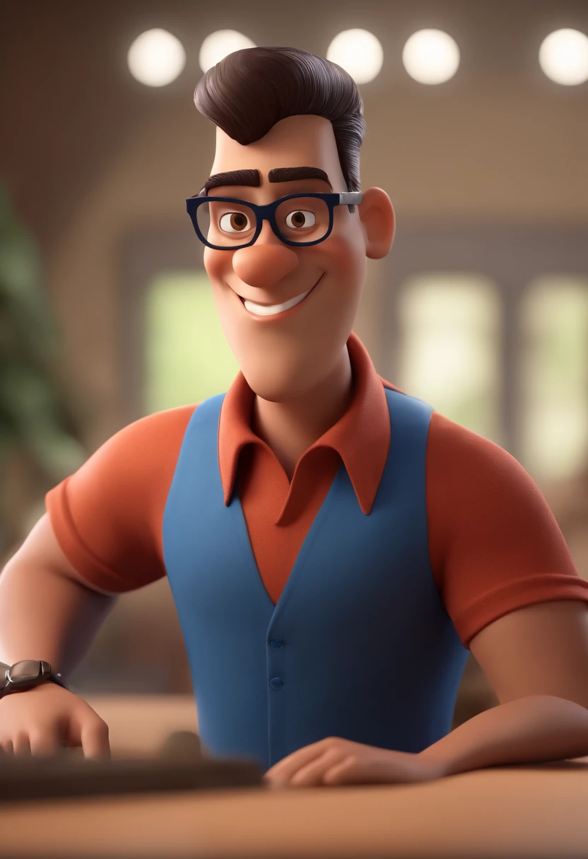 Cartoon character of a man with black glasses and a blue shirt, animation character, Caractere estilizado, animation style rendering, 3D estilizado, Arnold Maya render, 3 d render stylized, toon render keyshot, Personagem 3D, Personagem 3D, 3d rendering stylized, 3 d character render, personagem de desenho animado, Personagem de close up, Pose de personagem,  (Estilo Pixar) (master part:1.2) (Bokeh) (best quality) (pele detalhada) (textura detalhada) (8k) (argila) (Cinematic lighting) (foco nítido