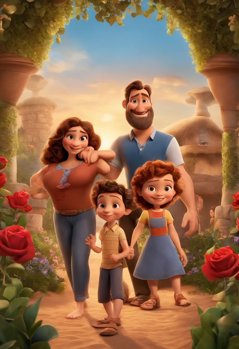 a Disney Pixar movie poster showing a white-skinned family. The father is the tallest, Tem barba curta, loiro, cabelos curtos e espinhosos. The mother has brown eyes and hair, shoulder-length and is slightly overweight. A tem 4 anos e cabelos castanhos, roupa rosa e rabos de cavalo. The background is a beach garden. 3D-rendering