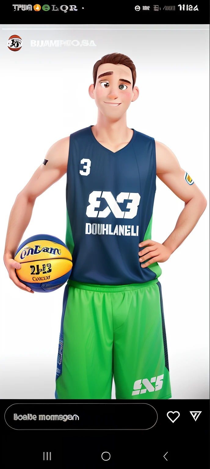 Um homem com uniforme de basquete segurando uma bola de basquete, cartaz estilo Pixar mehor imagem, melhor qualidade