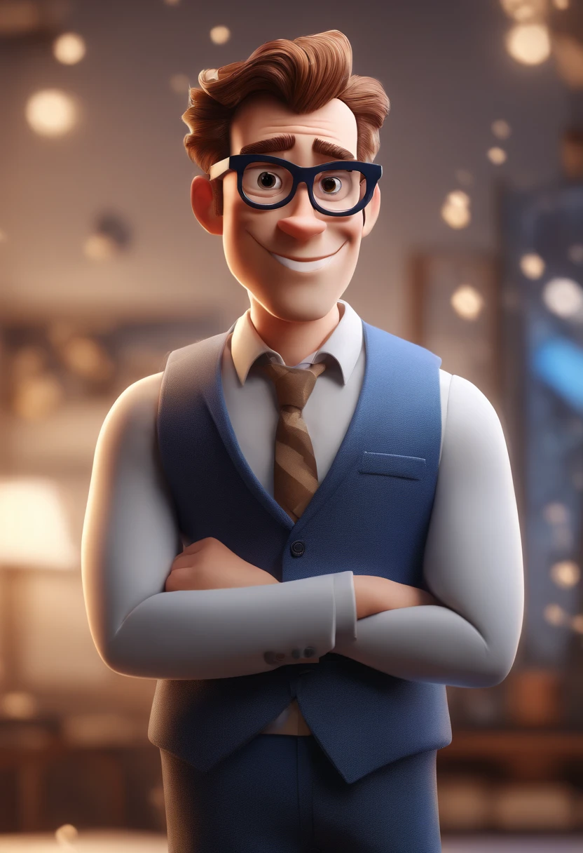 Cartoon character of a man with black glasses and a blue shirt, animation character, Caractere estilizado, animation style rendering, 3D estilizado, Arnold Maya render, 3 d render stylized, toon render keyshot, Personagem 3D, Personagem 3D, 3d rendering stylized, 3 d character render, personagem de desenho animado, Personagem de close up, Pose de personagem, (Estilo Pixar) (master part:1.2) (Bokeh) (best quality) (pele detalhada) (textura detalhada) (8k) (argila) (Cinematic lighting) (foco nítido