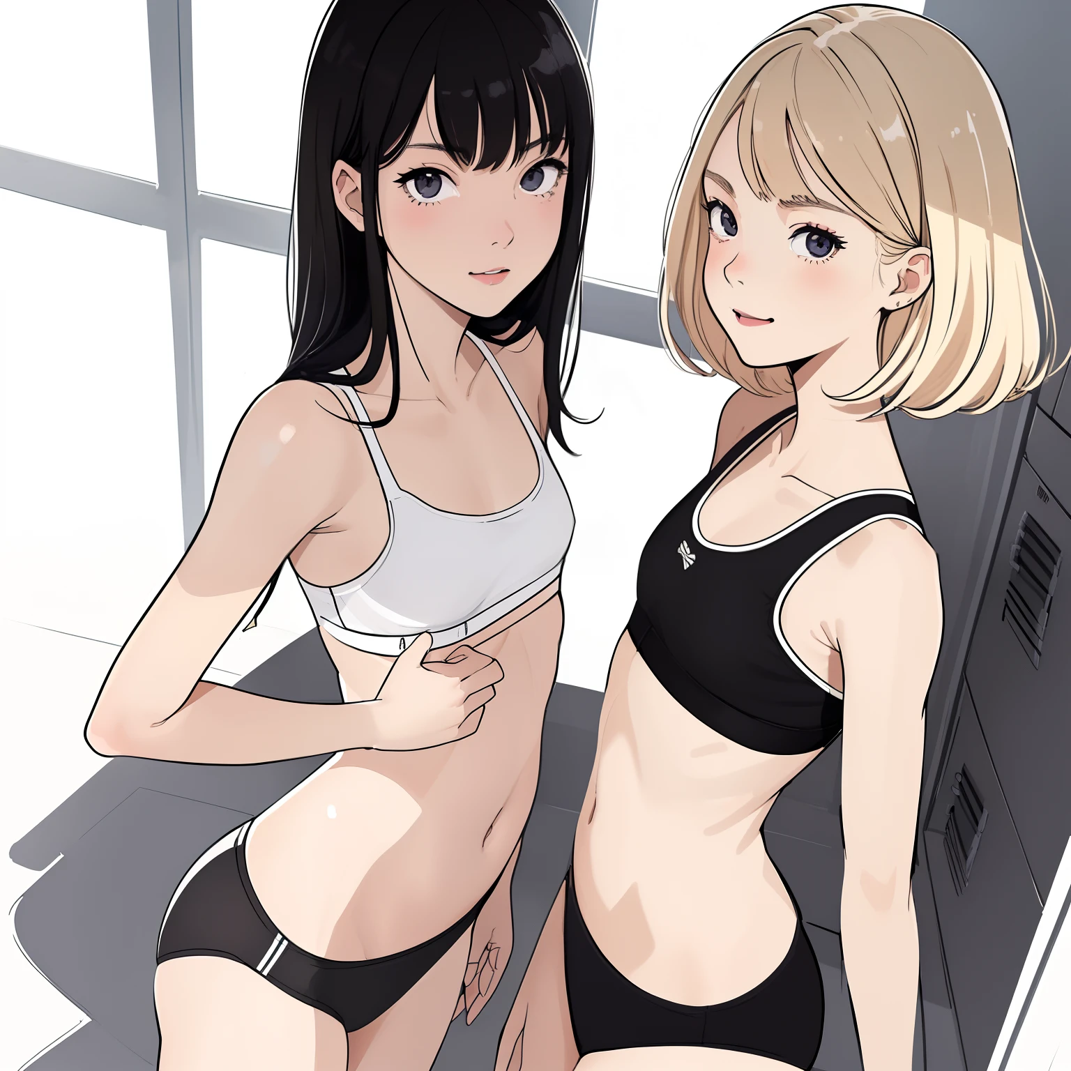 (superflat, flat shading, flat colors:1.1), (locker room), 2girls, , schoolgirl, small breast, blonde hair, black hair, (white sports bra, black panties) and (black sports bra, white panties), smile, blush,, view from below, (low angle), bright sunlight, best shadows, watercolor,