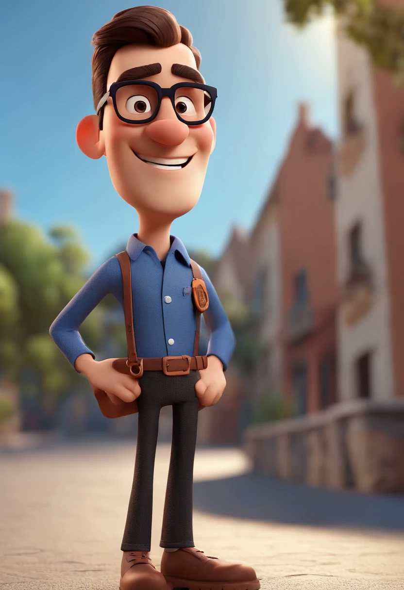 Cartoon character of a man wearing black glasses and a blue shirt, um personagem animado, Caractere estilizado, animation style rendering, 3D estilizado, Arnold Maya render, 3 d render stylized, toon render keyshot, Personagem 3D, Personagem 3D, 3d rendering stylized, 3 d character render, personagem de desenho animado, Personagem de close up, Pose de personagem, (Estilo Pixar) (master part:1.2) (Bokeh) (best quality) (pele detalhada) (textura detalhada) (8k) (argila) (Cinematic lighting) (foco nítido，Senta e vaza a parte superior do corpo