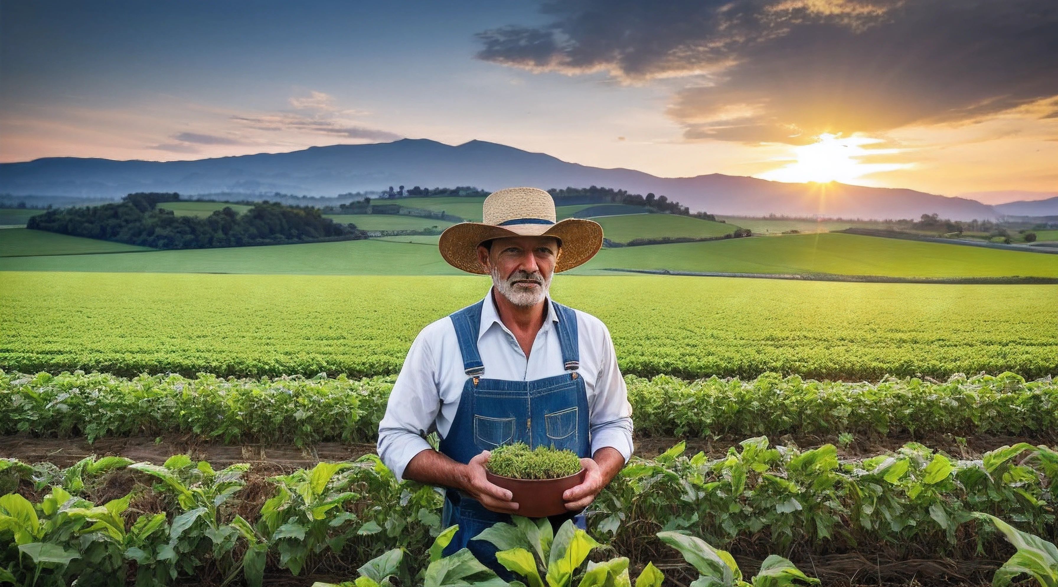 «»A photorealistic image of a professional model embodying the role of a farmer. The farmer is standing in a picturesque rural landscape at dawn, with the soft and warm light of the sunrise illuminating the scene. The model is dressed in traditional farmer attire, wearing denim overalls and a checkered shirt, along with a worn-out straw hat. The facial expression should reflect a sense of contentment and dedication to the land. The background should showcase a vast agricultural field with rows of crops, and perhaps a farmhouse or barn in the distance. The camera shot type should be a long shot, capturing the serene beauty of the landscape and emphasizing the connection between the farmer and nature. The lens used can be a wide-angle lens, allowing for a broader view. The image resolution should be 8K, enabling high levels of detail in both the model's appearance and the surrounding environment. This photorealistic prompt should be inspired by professional farming photography, drawing inspiration from renowned photographers like Jim Richardson and George Steinmetz. The prompt should emphasize the importance of the farmer's role in agriculture and their harmony with the natural world.»»