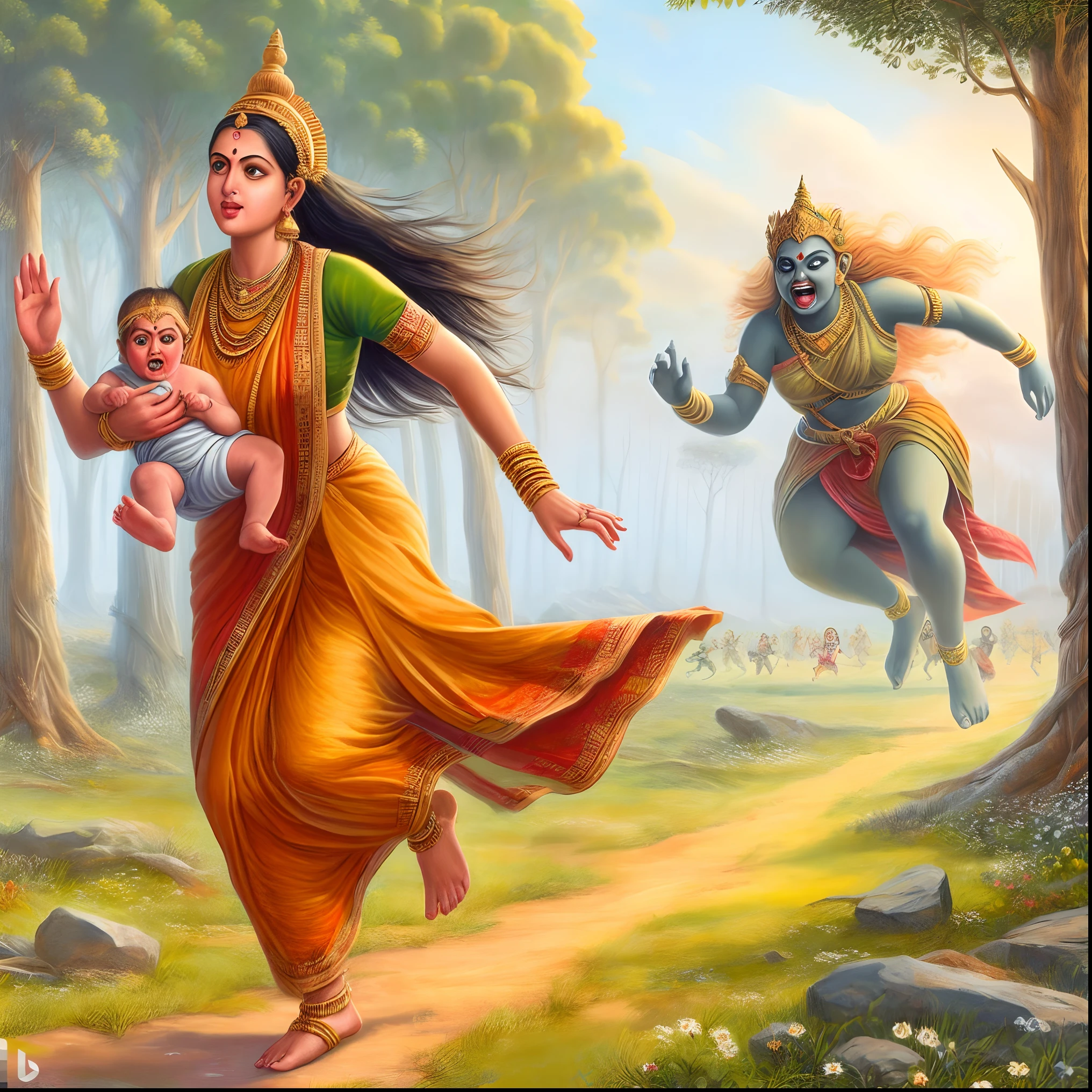 a painting of a woman holding a in her arms, from ramayan, hindu art, year 2 5 0 0, sharandula, indian goddess of wealth, hindu gods, indian art, kuntilanak on bayan tree, beautiful depiction, background artwork, devainart, mythological painting, tribe members chasing, shiva, awesome, beautiful image
