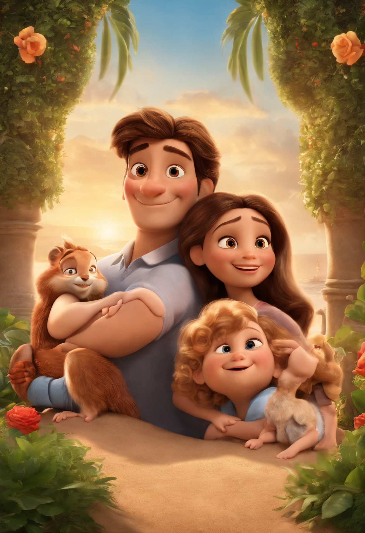 a Disney Pixar movie poster showing a white-skinned family. The father is the tallest, Tem barba curta, loiro, cabelos curtos e espinhosos. The mother has brown eyes and hair, shoulder-length and is slightly overweight. A menina tem 4 anos e cabelos castanhos, roupa rosa e rabos de cavalo. The background is a beach garden. 3D-rendering