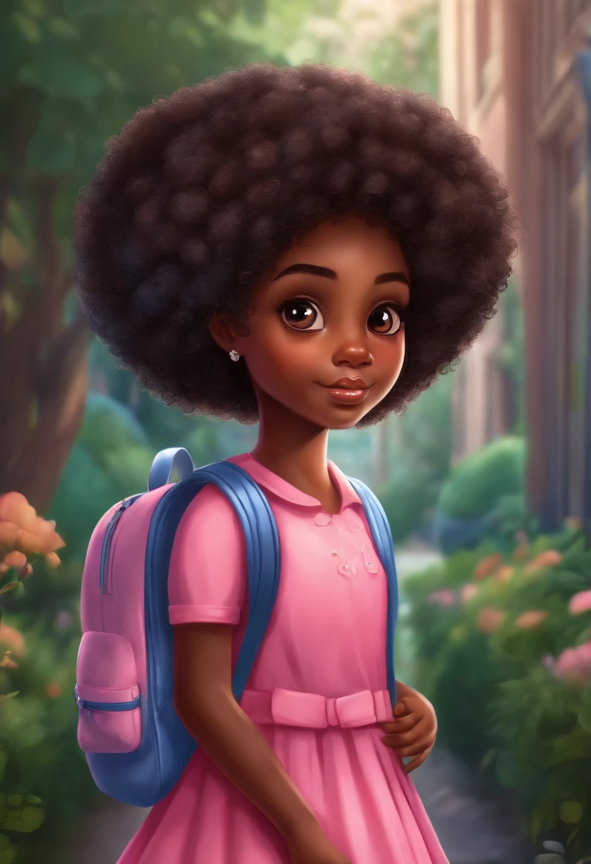 A black cute girl with a back pack and a pink dress, school girl with big eyes and a cute afro and adorable face ((detailed))