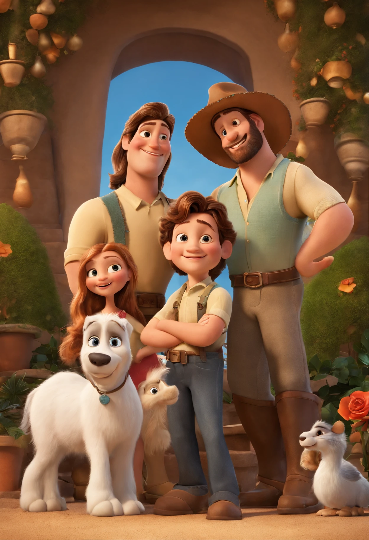 a Disney Pixar movie poster showing a white-skinned family. The father is the tallest, Tem barba curta, loiro, cabelos curtos e espinhosos. The mother has brown eyes and hair, shoulder-length and is slightly overweight. A menina tem 4 anos e cabelos castanhos, roupa rosa e rabos de cavalo. The background is a beach garden. 3D-rendering