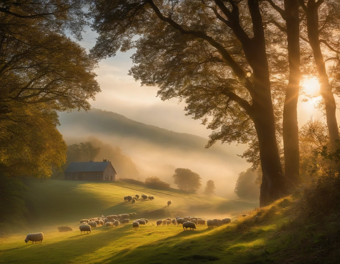 A distant, charming farmhouse in the vast hills, mist, sunlight rays, Dirt trail through dense forest,A flock of sheep