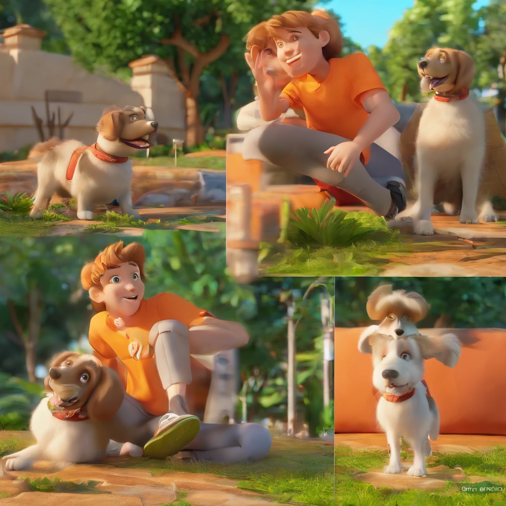 Lucas is a smiling -yeld hu boy, com seu fiel amigo, Bolt, o cachorro schnauzer, deitados no jardim
