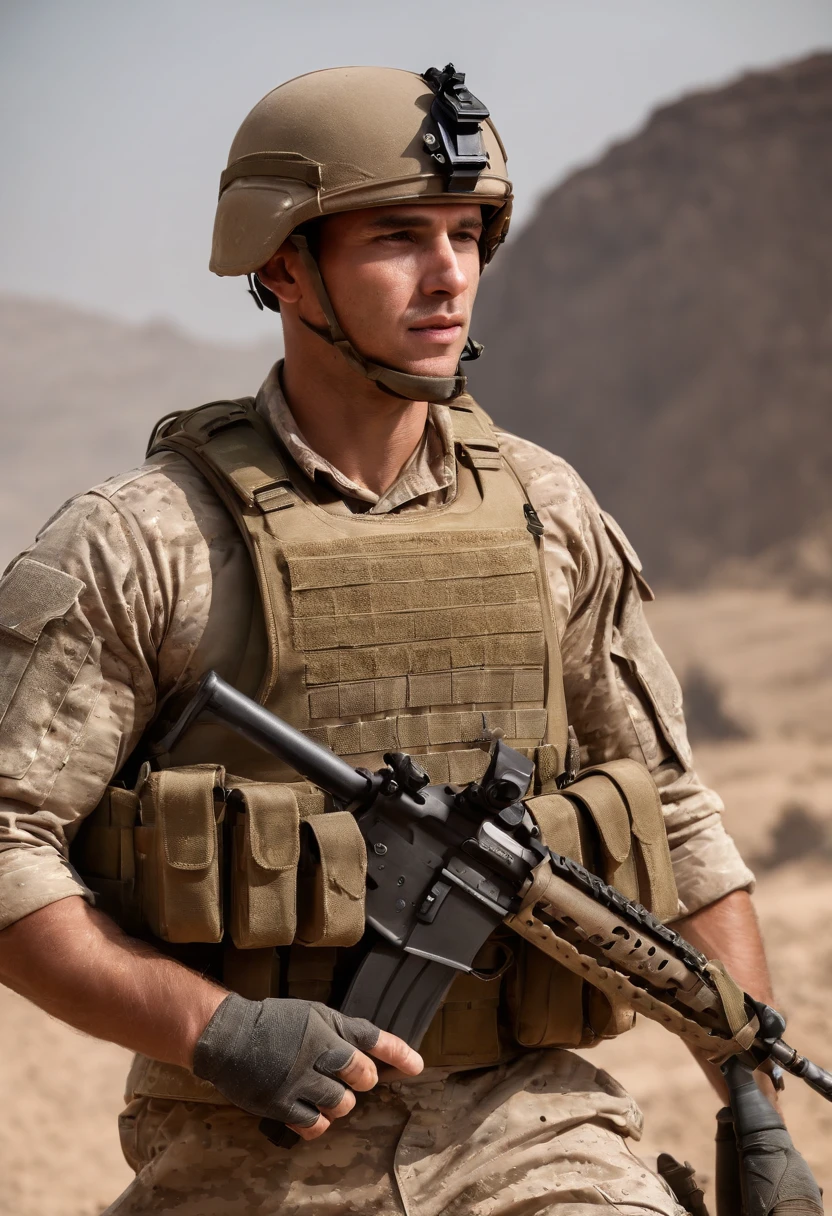 Criar um prompt para uma imagem: a muscular soldier with visibly prominent muscles and a rifle in his hand, in various scenes and poses. He's wearing camouflage military attire.., in the training of military environments and war scenarios. The soldier has a fierce expression on his face, while conveying a sense of suffering. Adicionalmente, incluem cenas de treinamento militar, Ambientes de guerra, e elementos como tanques, armored vehicles, and helicopters to portray the intensity of the situation and the presence of combat machines. Para mais detalhes, Depicting the soldier on top of a helicopter, showing his impressive physique and the physical demands of his role. Por favor, Provide vivid descriptions of the surroundings, incluindo as cores, Texturas, and any other relevant aspects that enhanced the image and showed the muscular appearance of the soldier.
