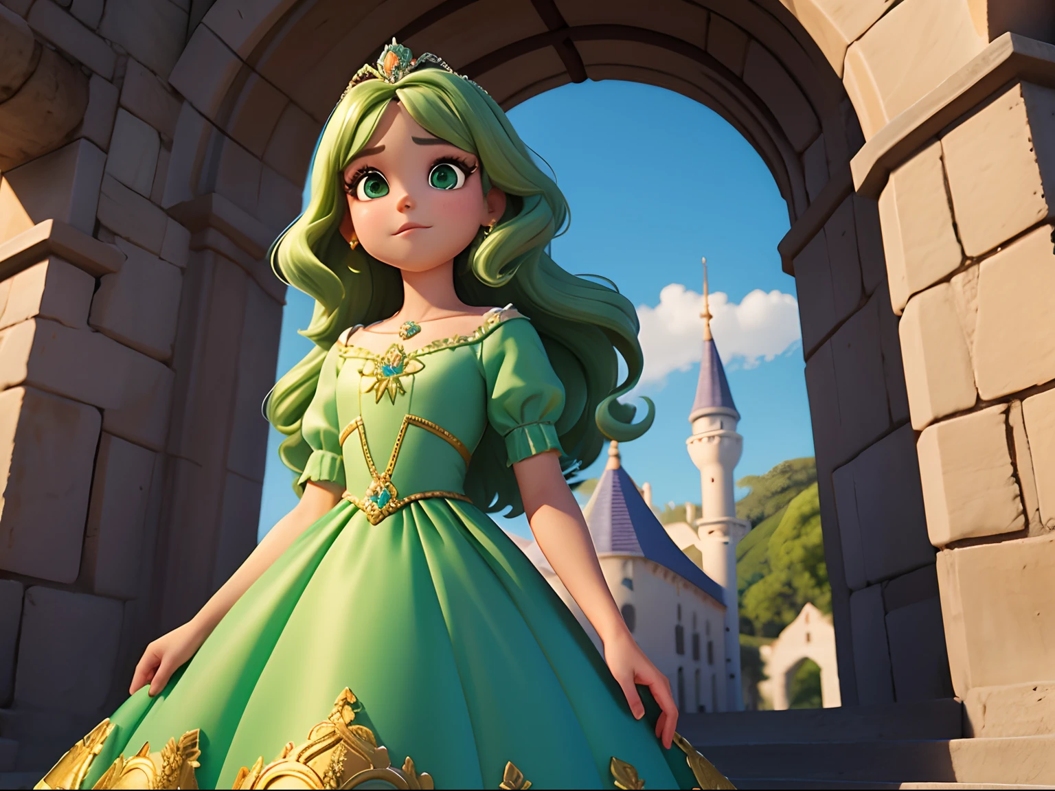 Uma menina branca de cabelo liso com os olhos verdes com um vestido de princesa atras de um castelo em estilo pixar