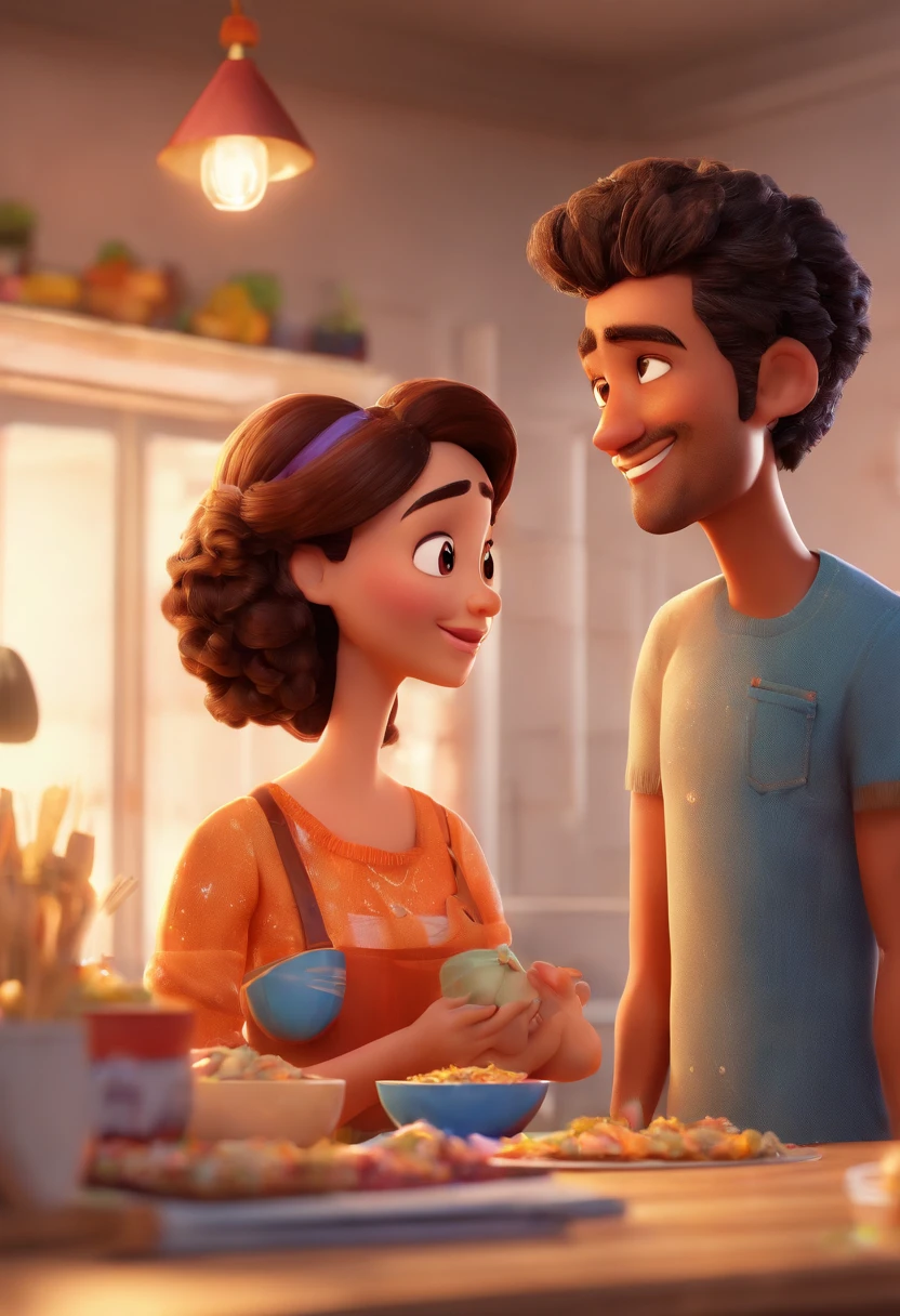 An illustration of an adorable couple, destacando um homem e uma mulher com bonito, Expressive eyes – the man's skin is black and the man's hair is bald and black, while the woman's skin is black and the woman's hair is curly and brown. They are a bright room, cada um com um sorriso no rosto, e compartilhar um momento especial caracterizado pelo amor, arroz, e insights educacionais. Illustrate this scene from a perspective where they are facing away from the camera, Showing Your Connection. Desenvolva esta arte em Full HD, Focus on your cinematic touch, Estilo Disney Pixar Animations