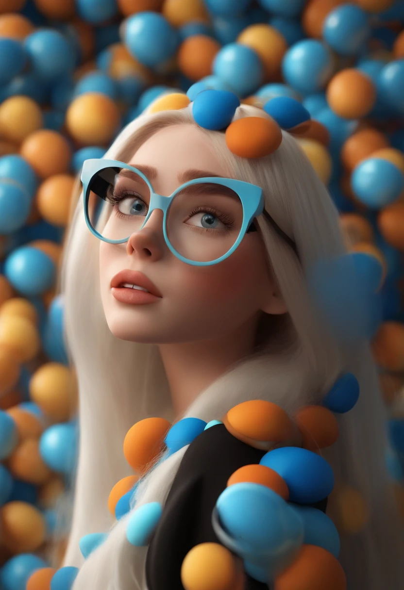 Pixar style image with 3D round character glasses white woman straight hair black, Maquiagem Disney, bonitinho, sorridente ,Close-up, Pixar, Disney, Cinema lighting