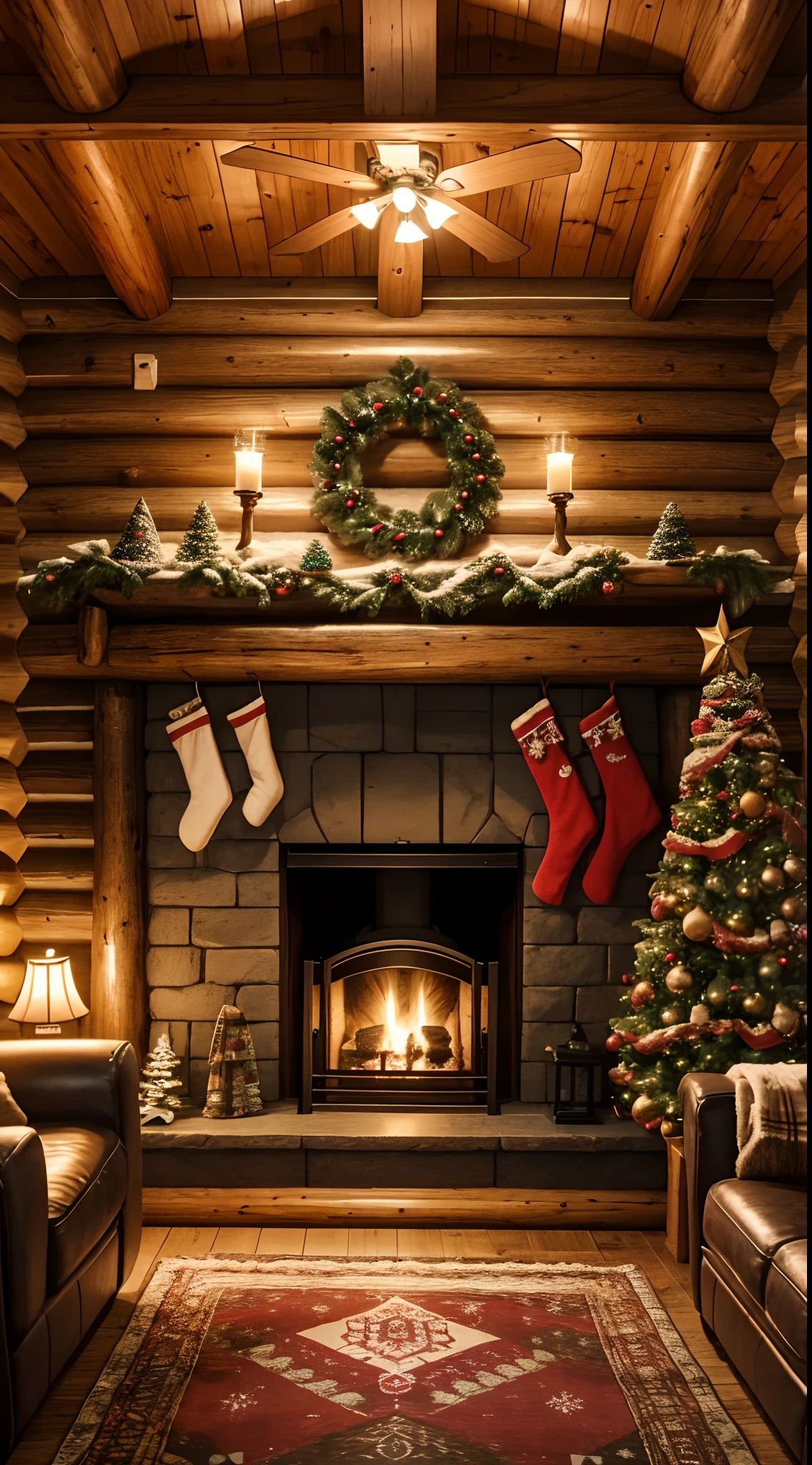 The inside of a mountain log cabin on a cold snowy Christmas night. The cabin has a lit fireplace. Over the fireplace hang stockings. Next to the fireplace is a Christmas tree. On the other side of the fireplace, there is a plate with cookie crumbs on it.