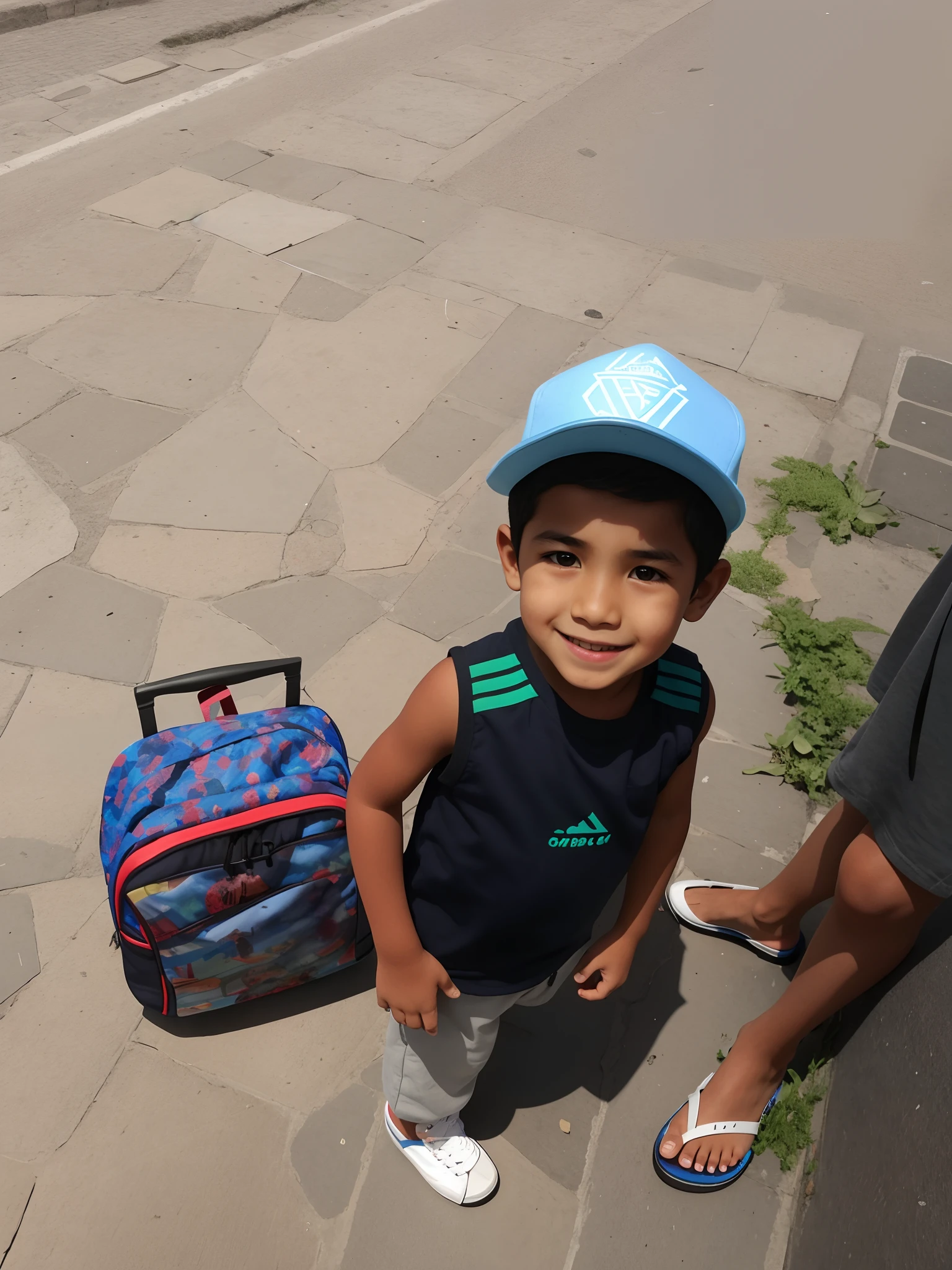 There's a boy next to a suitcase on the street, menino novo, menino peruano olhando, Me ajuda, imagem de qualidade muito baixa, com uma mochila, Where is the,  2 anos, 5 anos, , menino bonito, with a smiling expression, 4 anos de idade