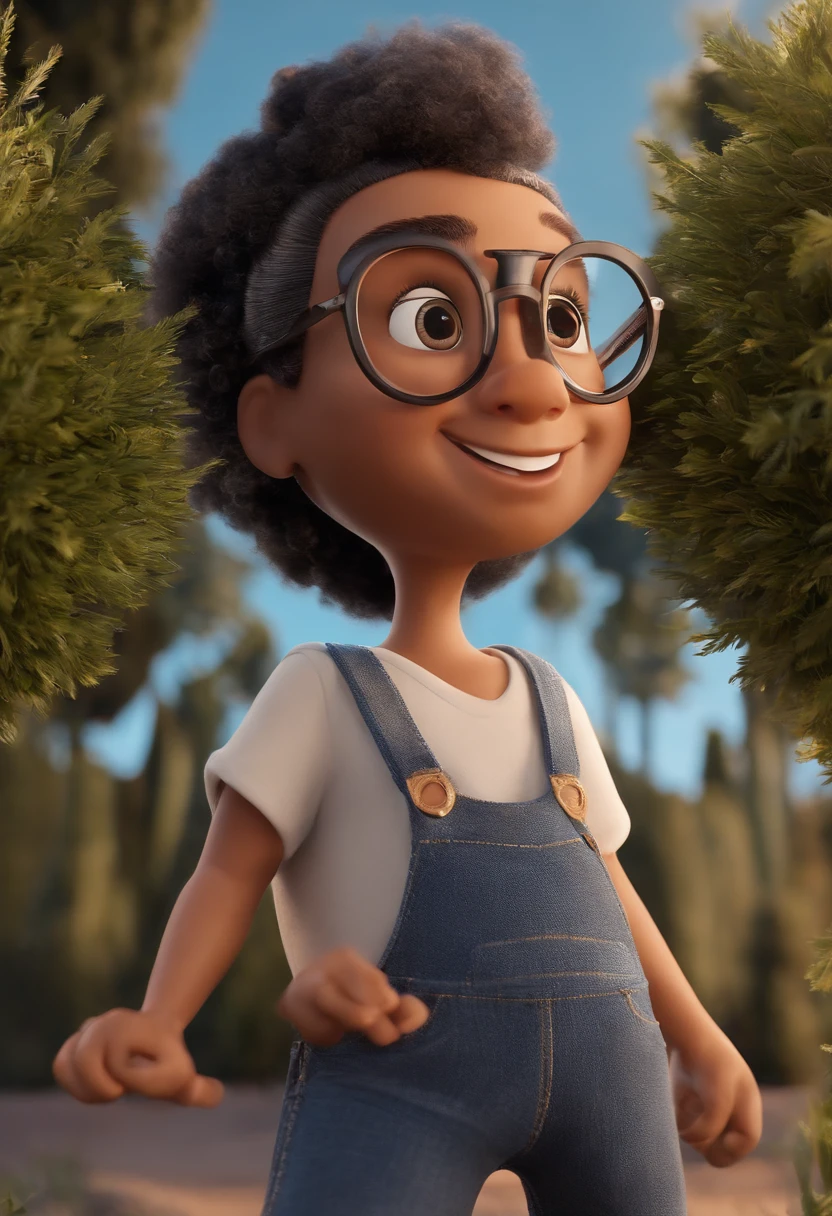 Pixar. Casal. A menina tem os cabelos cacheados e escuros, Camiseta cinza e jeans claro, white glasses. O menino de cabelos pretos com cabelos grisalhos, barba pequena, oculos, Dark blue jeans and gray t-shirt. They are both smiling and are 40 years old