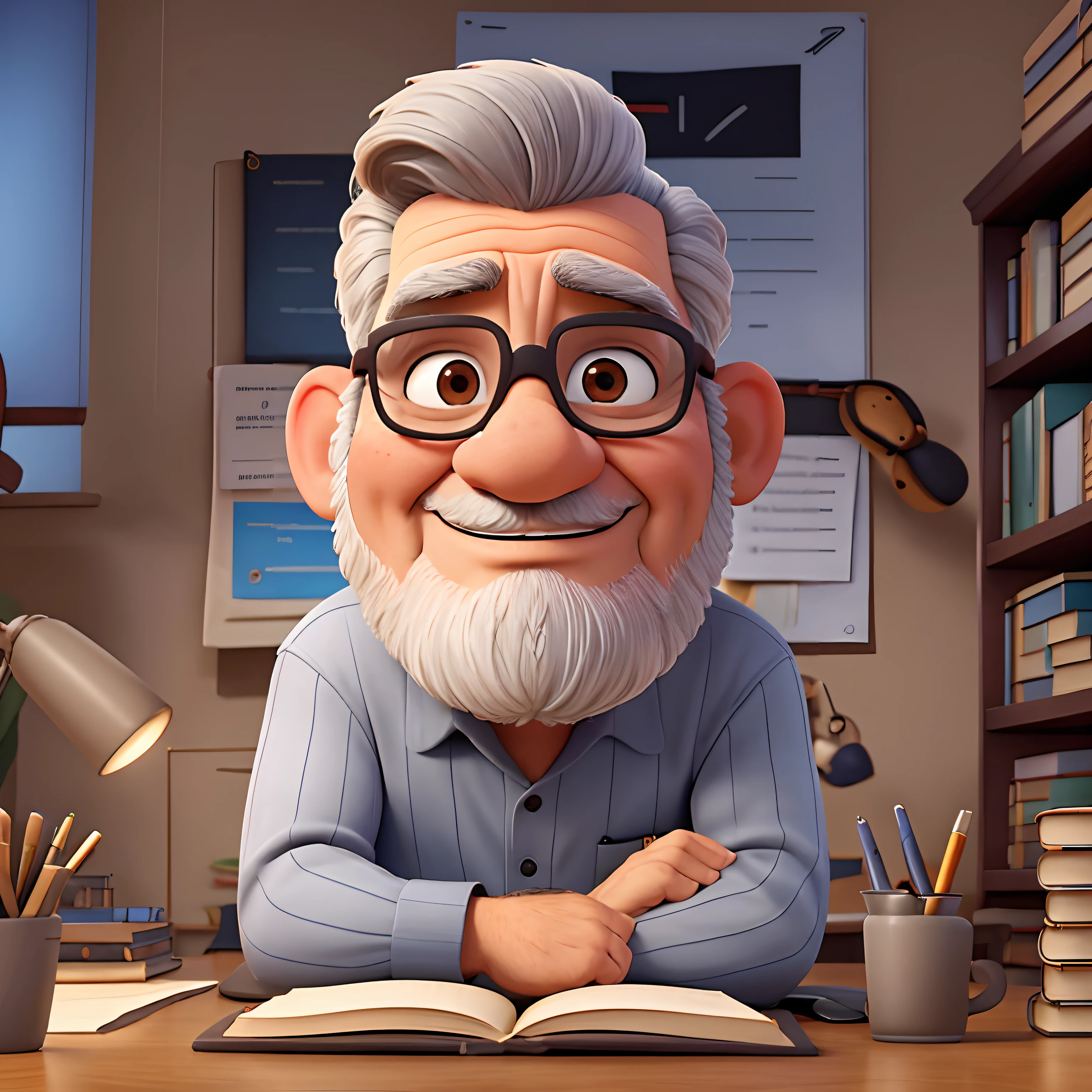 velho, inspirado na Disney Pixar, Inspirado pelo pastor ( Rubens Janeiro ) A gray-haired man wearing glasses in an office with a book on the table looking to the serious future, old man, cabelos grisalhos, um terno