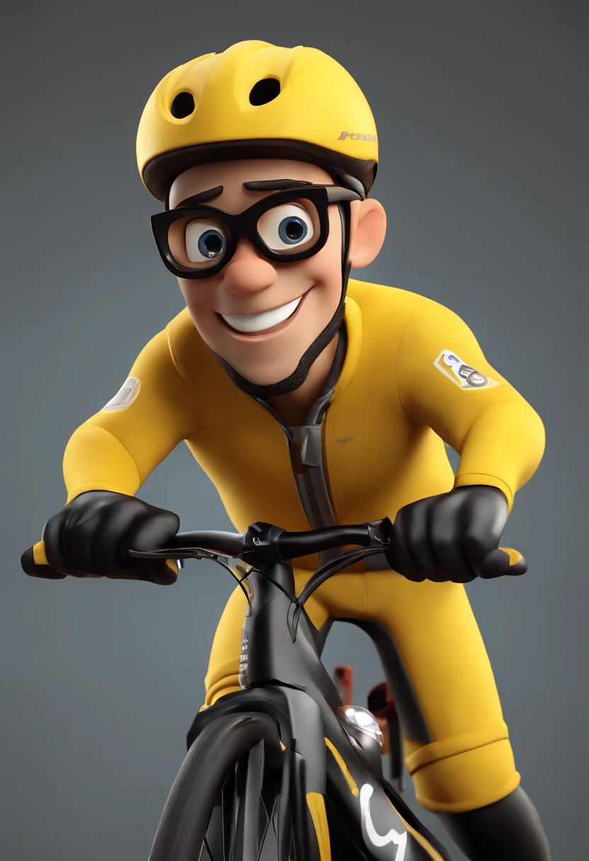 Cartoon character of a man wearing black glasses and a yellow cyclist shirt, Bicicleta de montanha, capacete de bike, um personagem animado, Caractere estilizado, animation style rendering, 3D estilizado, Arnold Maya render, 3 d render stylized, toon render keyshot, Personagem 3D, Personagem 3D, 3d rendering stylized, 3 d character render, personagem de desenho animado, Personagem de close up, Pose de personagem, (Estilo Pixar) (master part:1.2) (Bokeh) (best quality) (pele detalhada) (textura detalhada) (8k) (argila) (Cinematic lighting) (foco nítido,Senta e vaza a parte superior do corpo
