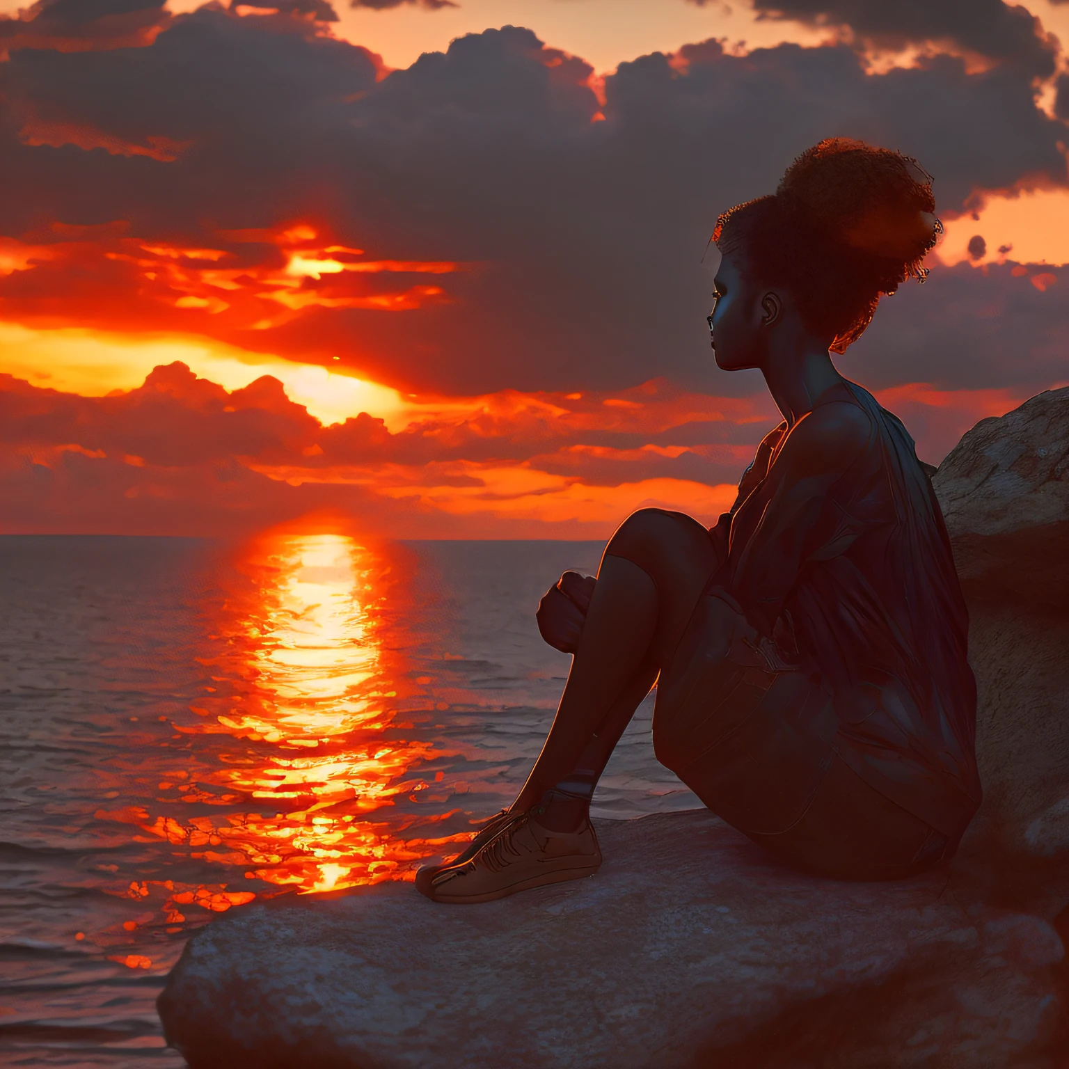 Black girl sitting on a rock overlooking the ocean at sunset, girl watching sunset, Looking at a sunset,  On the girl's side an android robot looking at the sunset. looking at sunset, at a beautiful sunset, with a sunset, watching the sunset, looking at sunset, in the sunset, during a sunset, Sunset and big clouds behind her, with sunset, lost in thought, sunset mood. girl watching sunset, Looking at a sunset,  On the girl's side an android robot looking at the sunset.